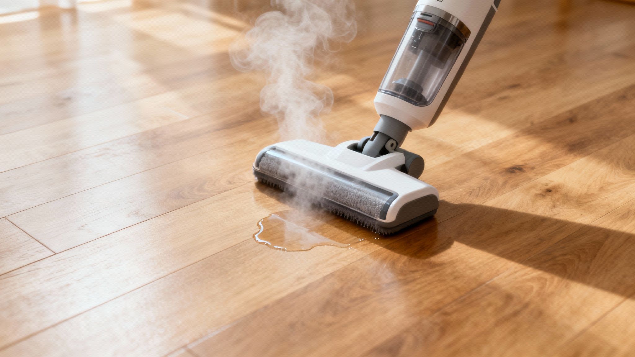 Plancher de bois franc endommagé par l'eau, montrant des planches qui gondolent.