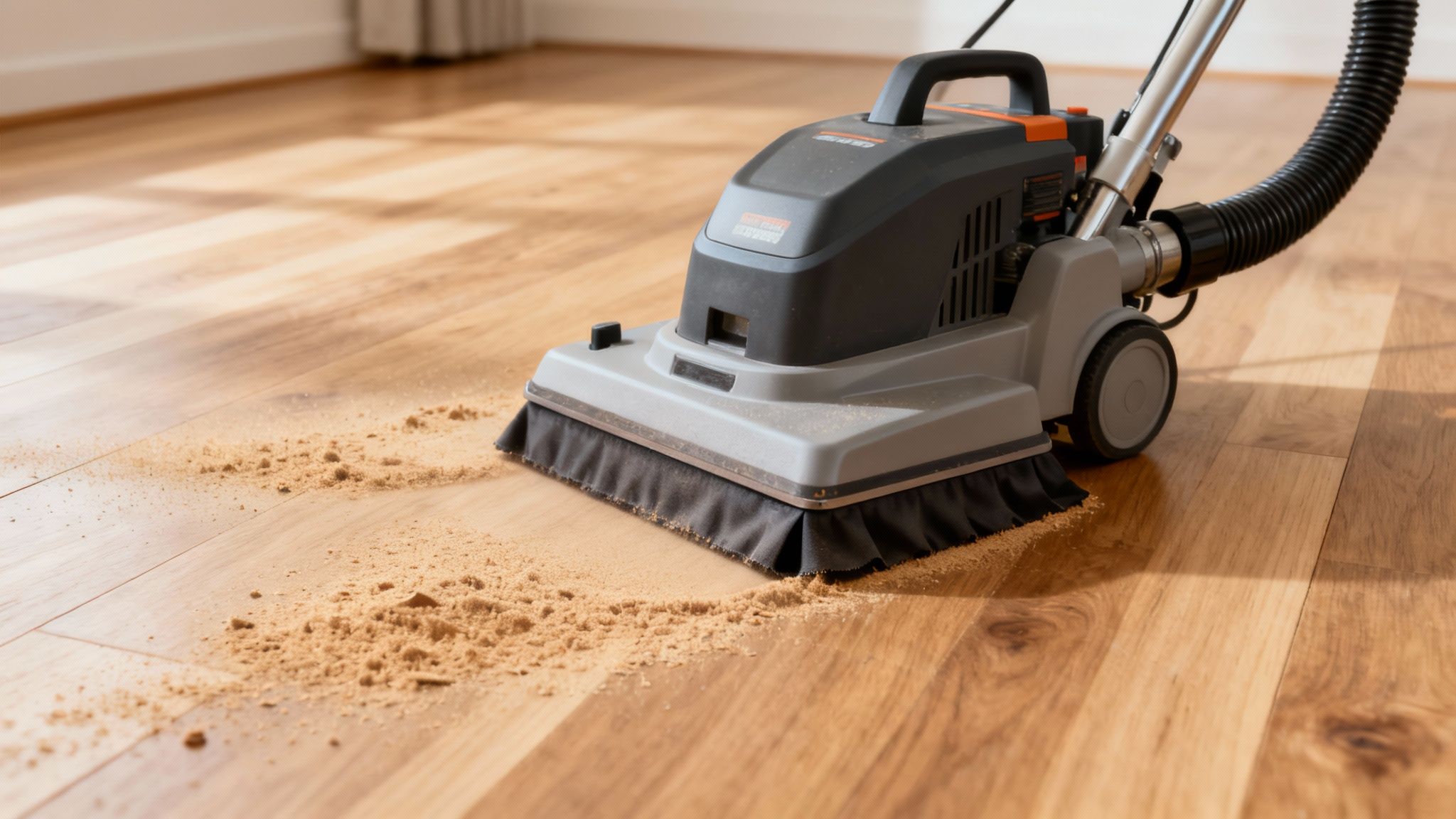 Une sableuse de plancher professionnelle connectée à un système d'aspiration puissant.
