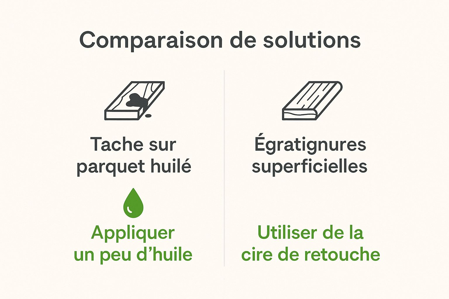 Infographie comparant des solutions pour les taches sur parquet huilé et les égratignures superficielles.