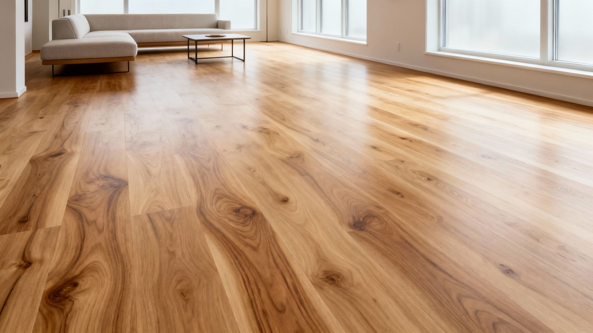 Plancher de bois franc fraîchement sablé et verni, montrant une finition lisse et brillante.