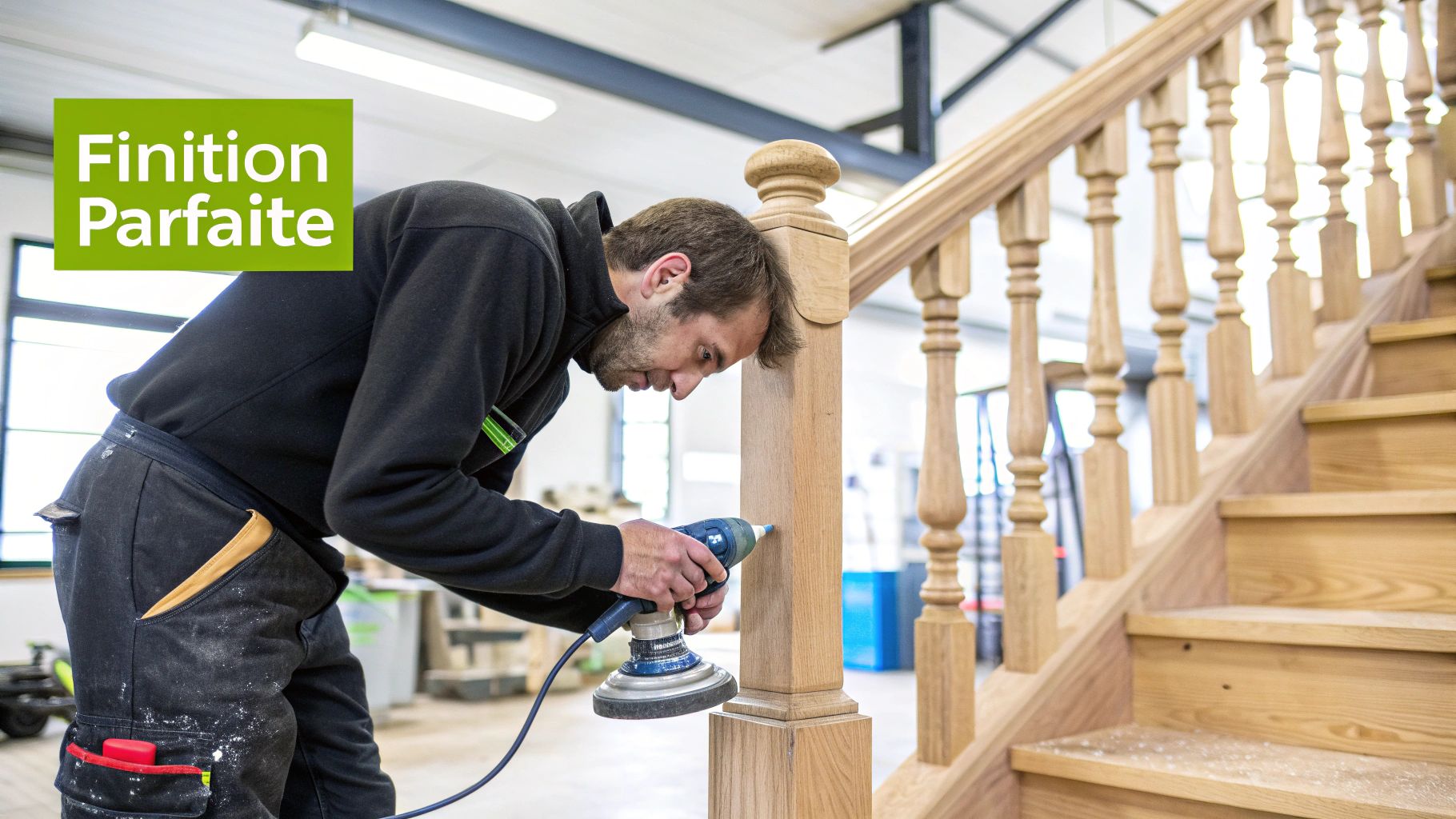 Une sableuse professionnelle en action sur un escalier en bois franc.