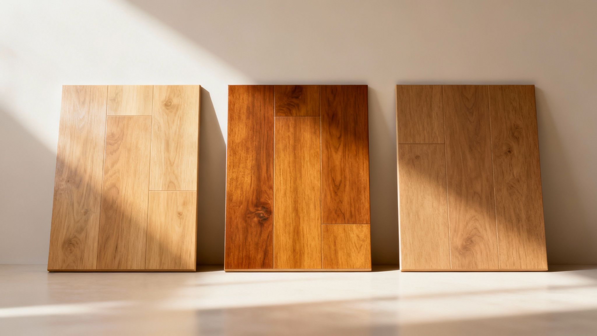 Une sélection de finitions de plancher montrant différentes teintes et brillances.