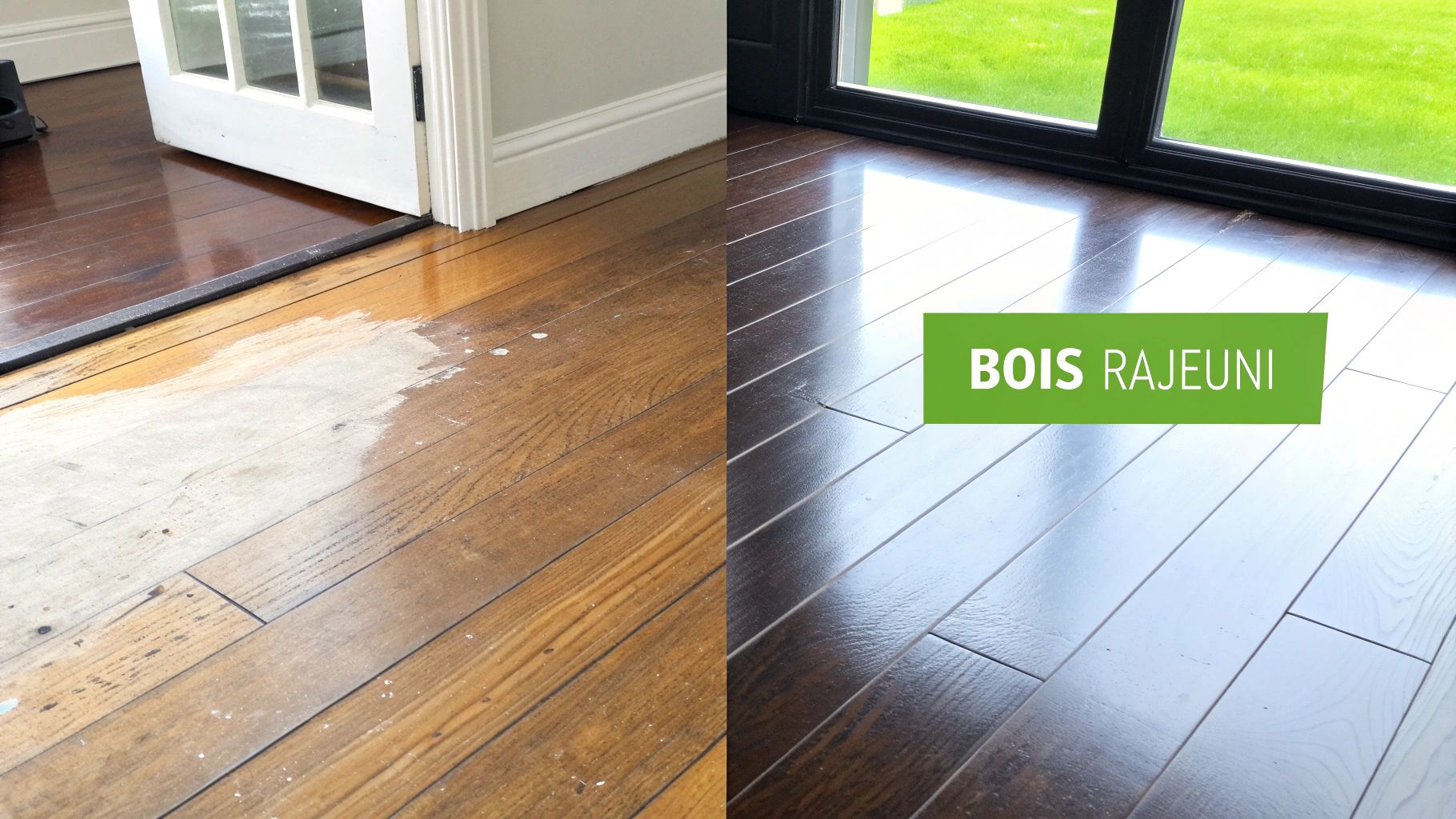 Un plancher de bois franc fraîchement sablé et verni, brillant sous la lumière