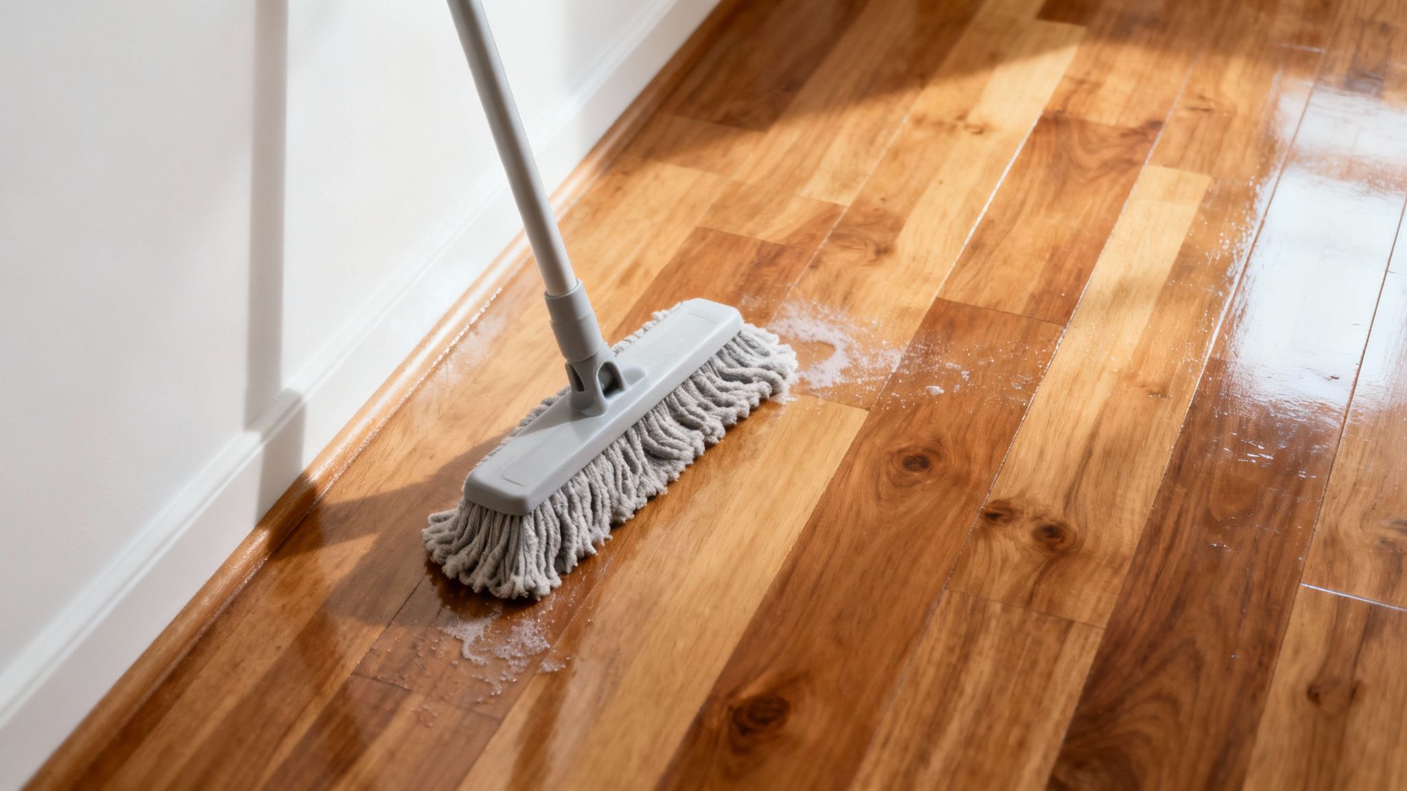 Personne nettoyant un plancher de bois franc avec une vadrouille microfibre