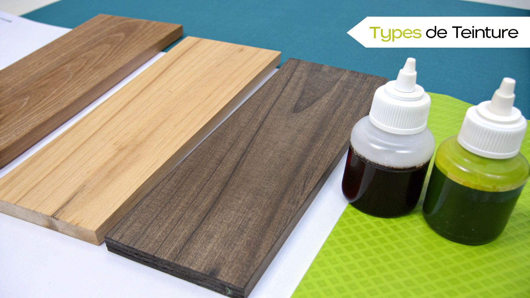 Échantillons de différentes teintures pour bois sur des planches.