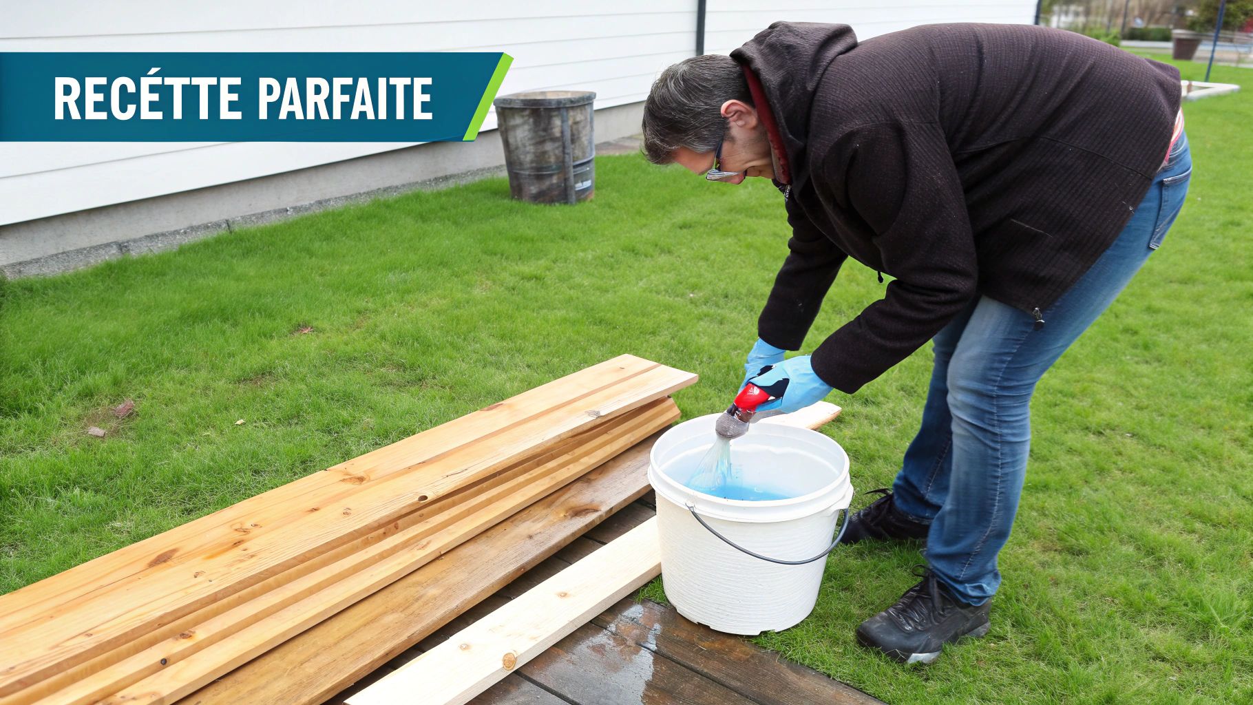 Personne préparant une recette maison pour nettoyer un plancher de bois franc dans un seau.