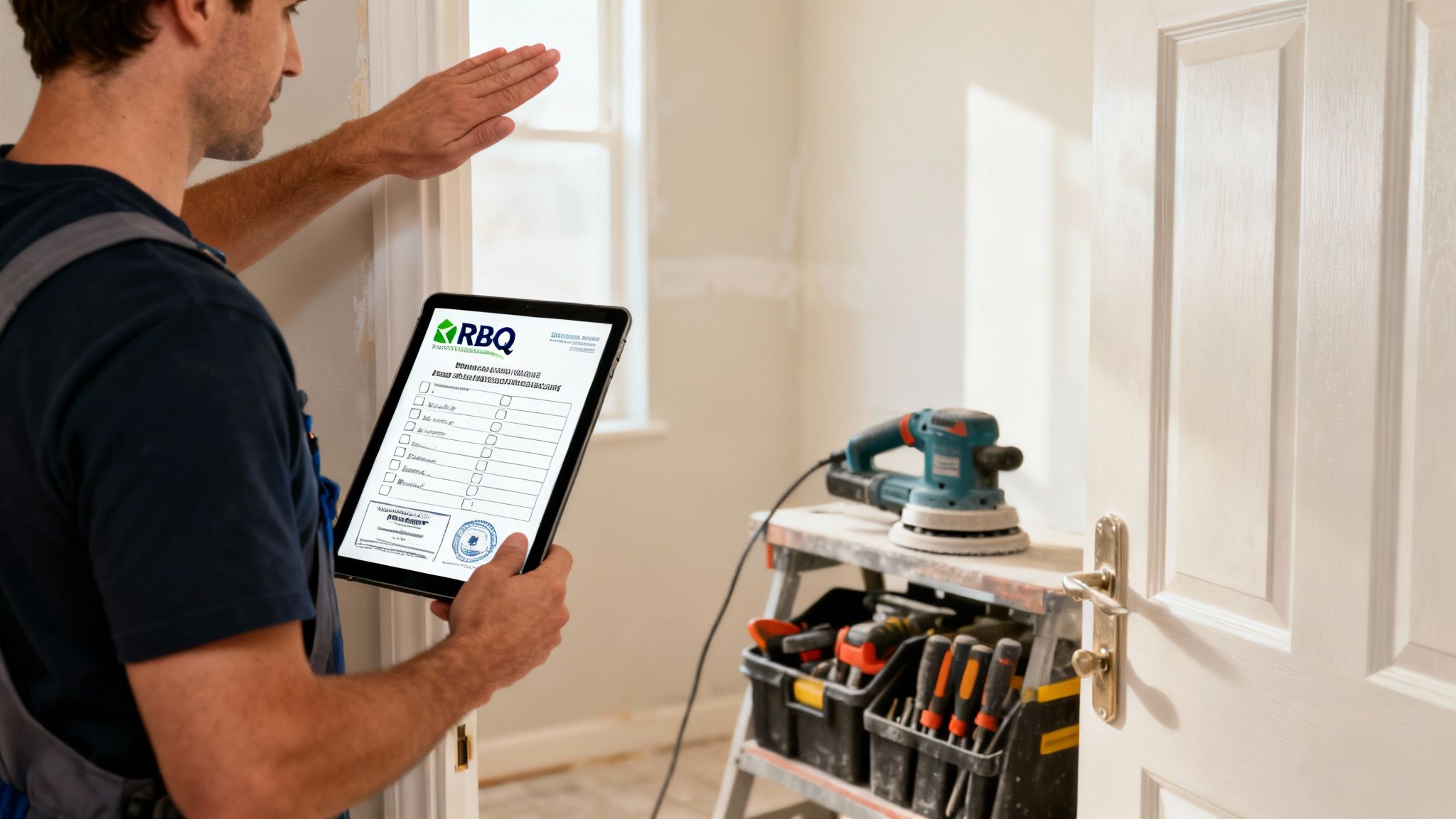 Un sableur de plancher professionnel examinant un plancher de bois franc