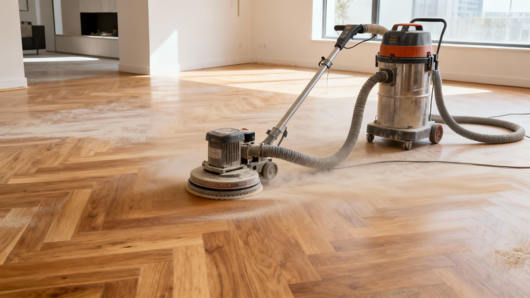 Plancher de bois franc fraîchement sablé et verni, sans aucune poussière visible.