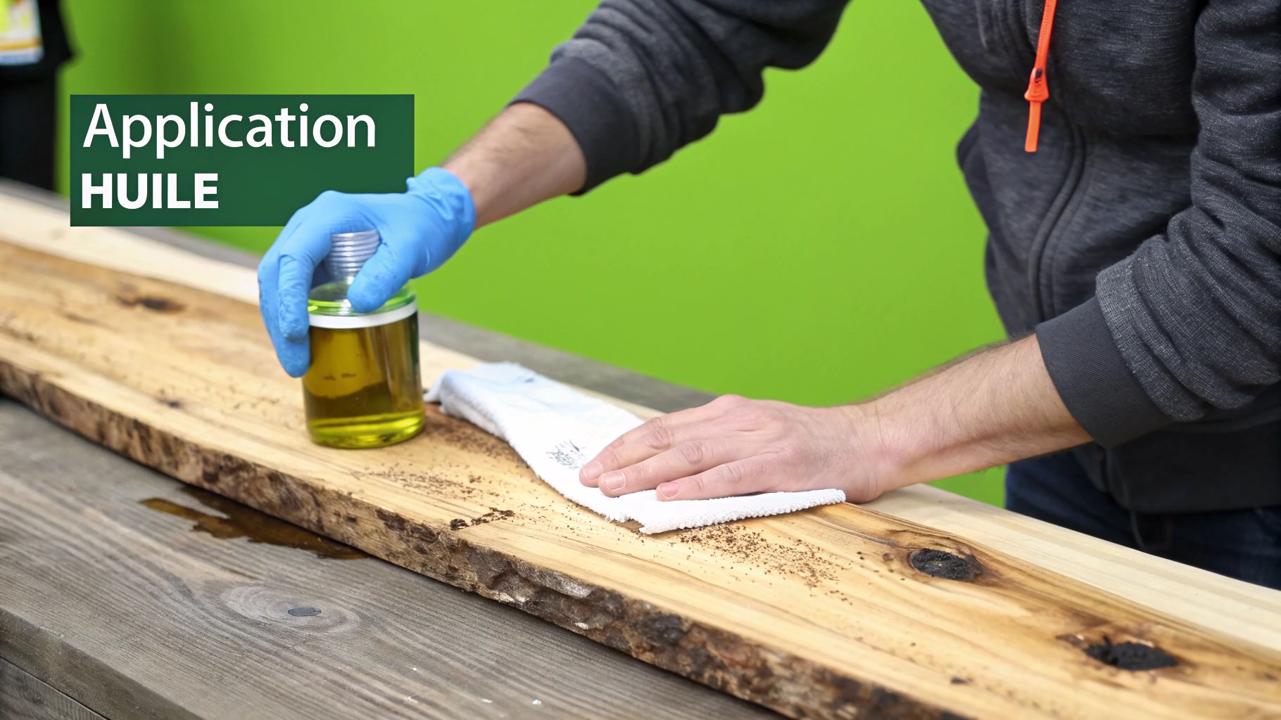 Personne appliquant de l'huile sur un plancher de bois fraîchement sablé