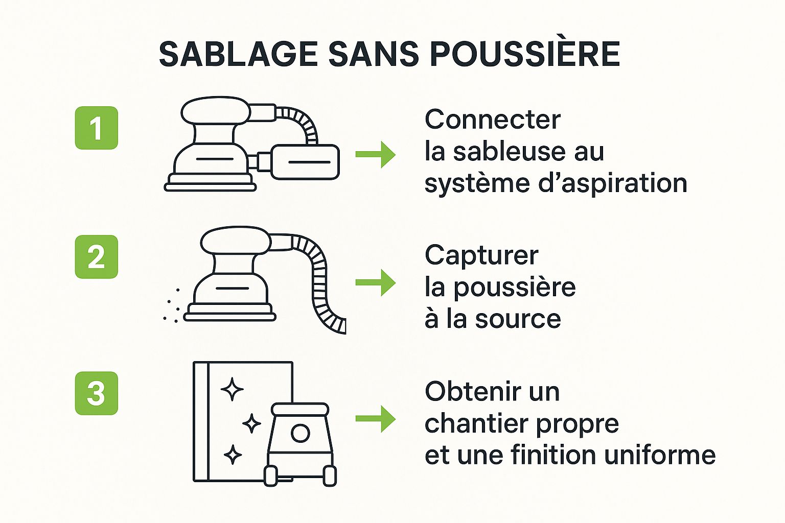 Infographie illustrant les trois étapes du processus de sablage de plancher sans poussière, de la connexion de la sableuse à la capture de la poussière pour une finition parfaite.