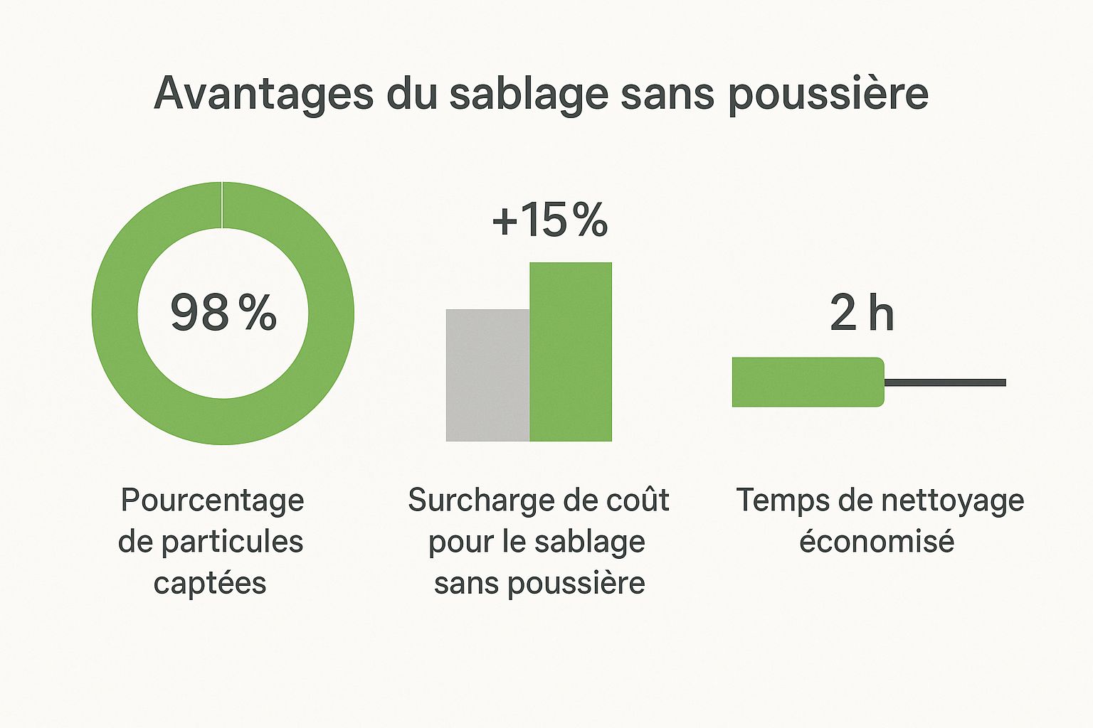 Infographie illustrant les avantages du sablage sans poussière avec des données sur les particules captées, le surcoût et le temps de nettoyage économisé.