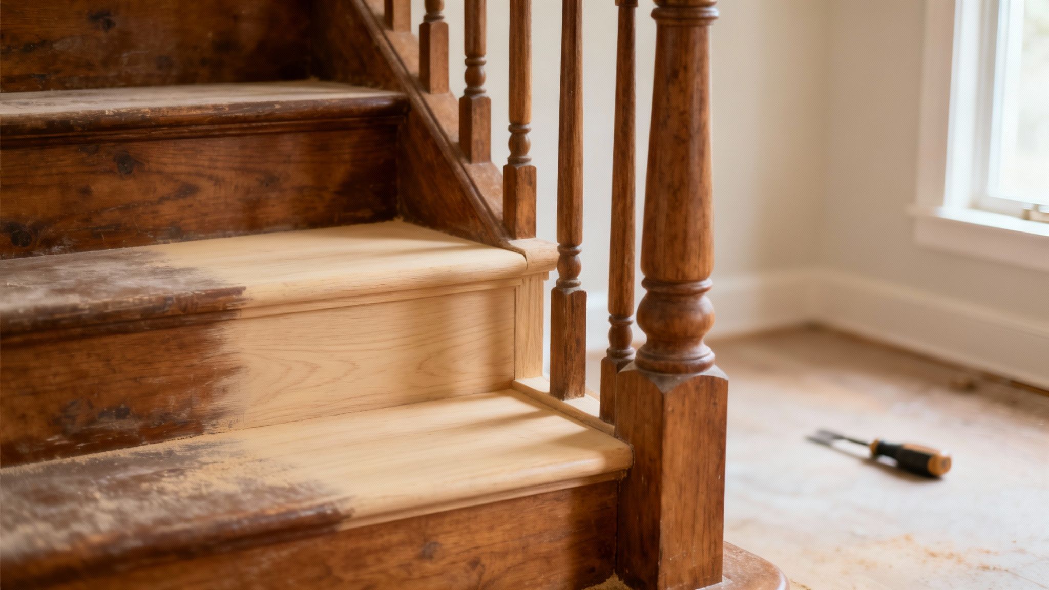 Un escalier en bois magnifiquement restauré, mettant en valeur le grain du bois.