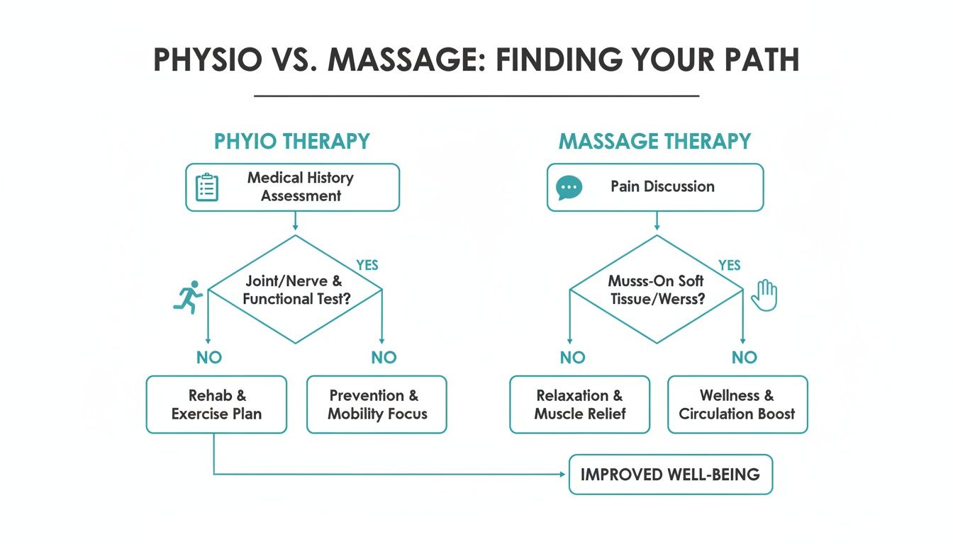 Flowchart comparing physio therapy and massage therapy paths for improved well-being.