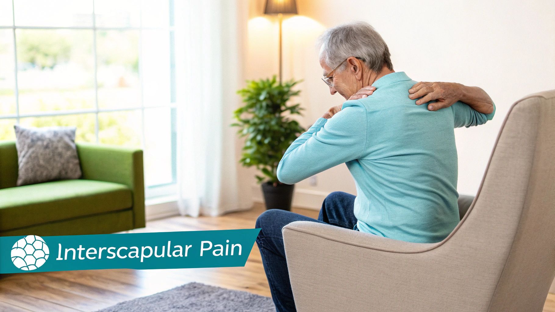 Elderly man experiencing interscapular pain, rubbing his upper back in a home setting.