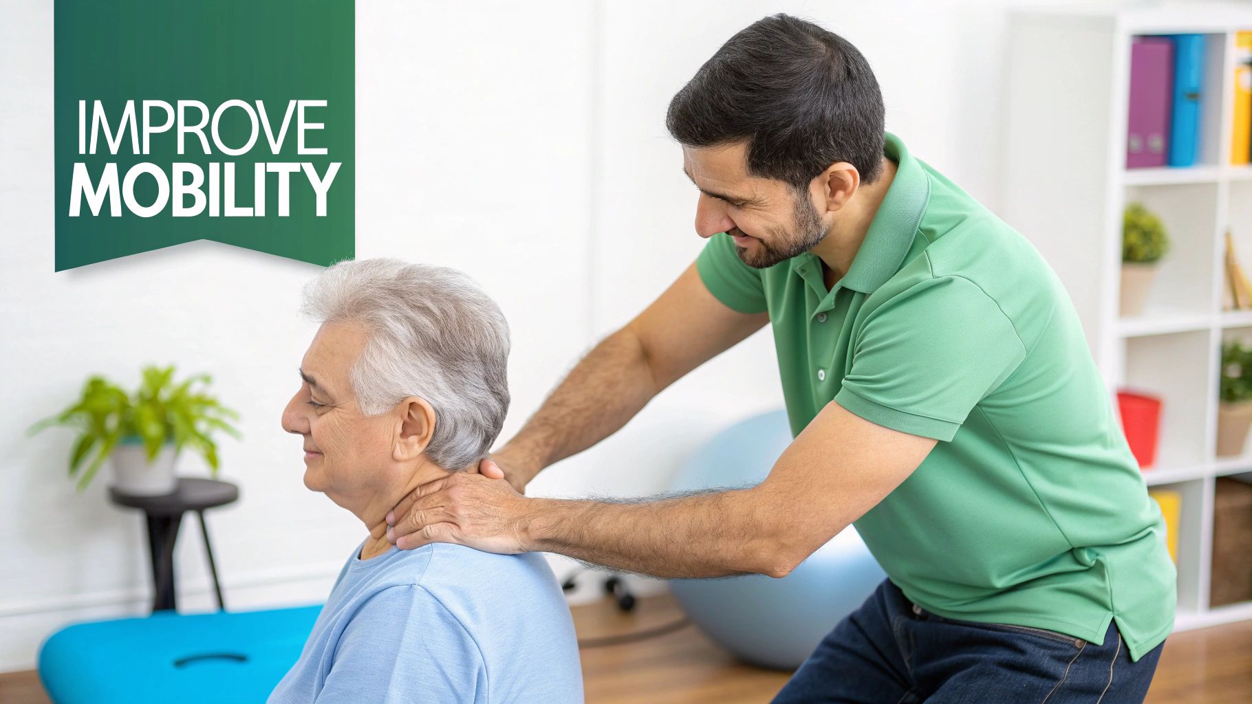A massage therapist working on an older adult&#39;s shoulder in a professional setting.