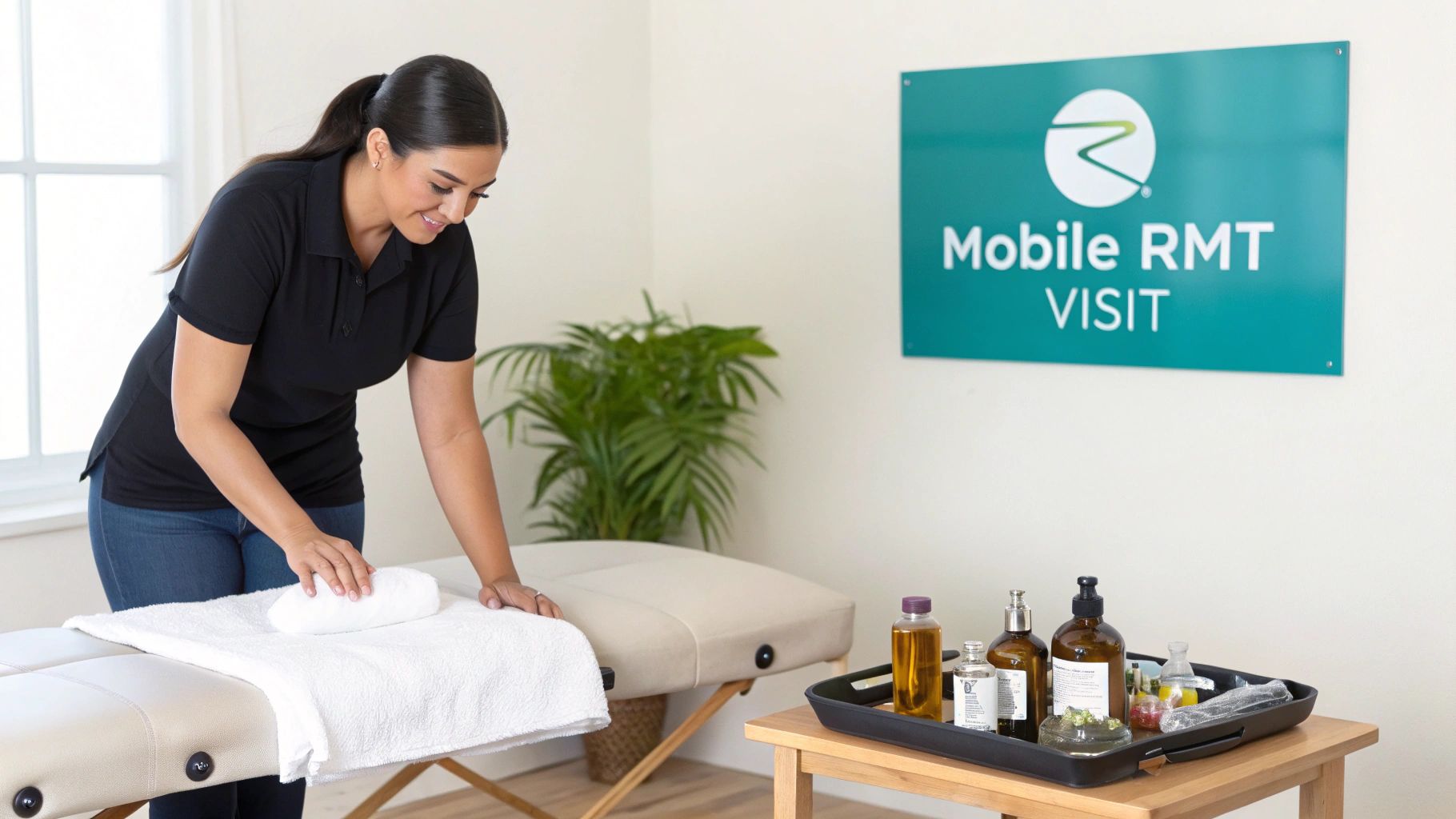 A fully draped client receiving a therapeutic back massage from a professional male RMT in a serene, well-lit room.