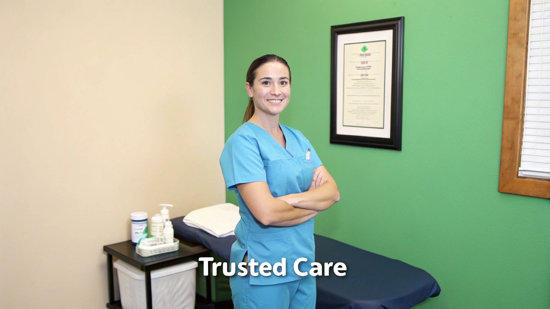 A male massage therapist in professional scrubs stands confidently in a clinical setting, embodying therapeutic expertise and trustworthiness.