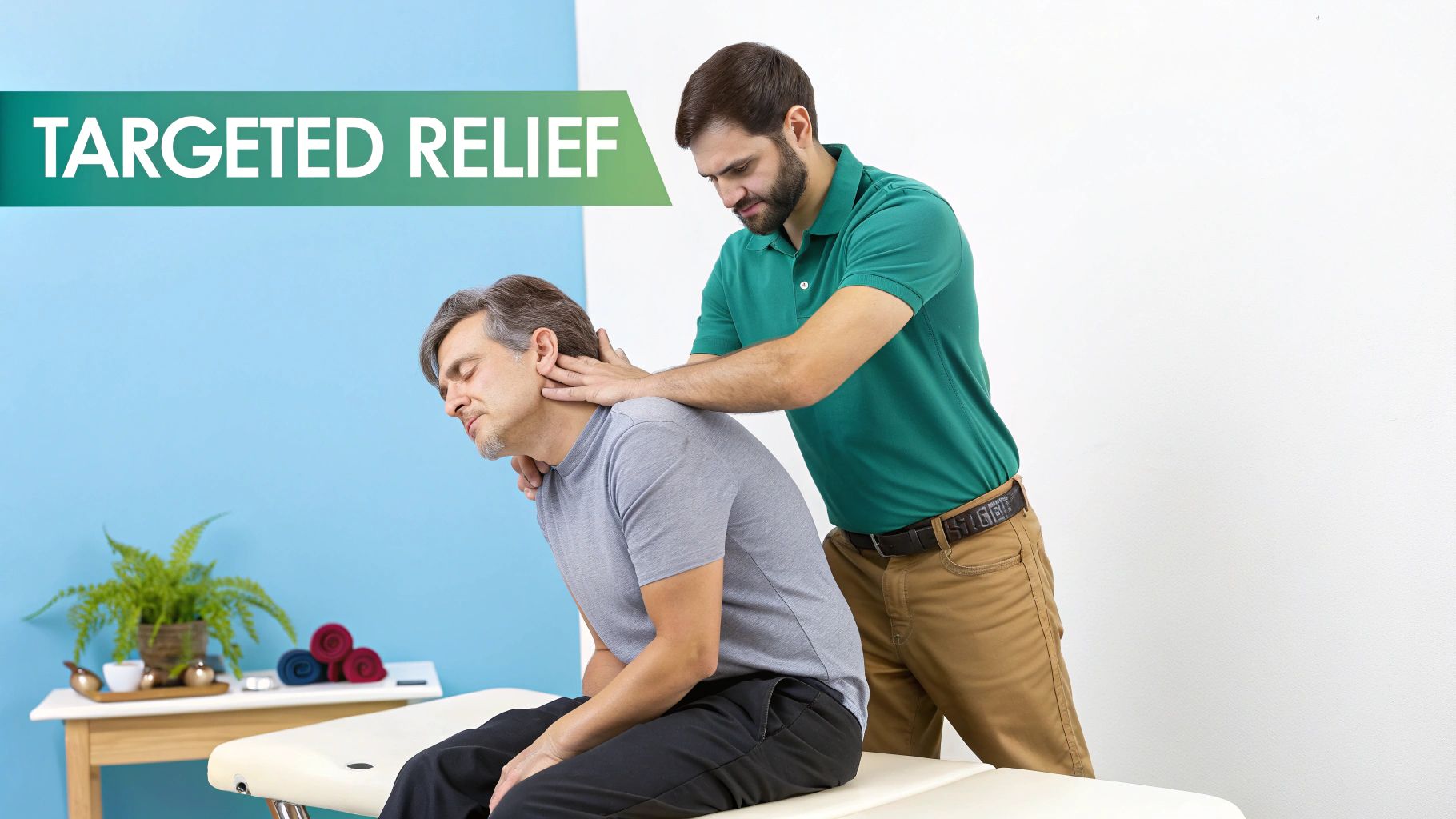 A therapist performs a targeted neck and shoulder massage on a man for relief.