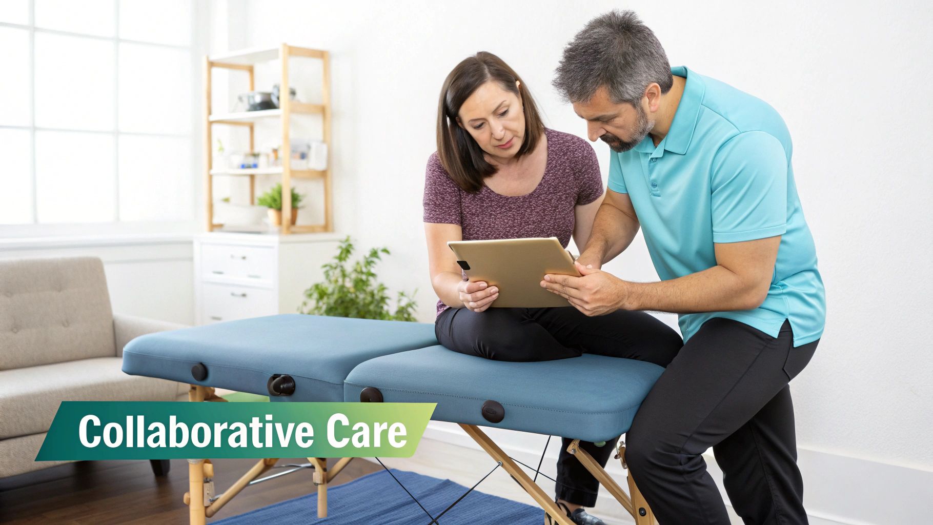 A male therapist and female patient discuss information on a tablet in a clinic setting.