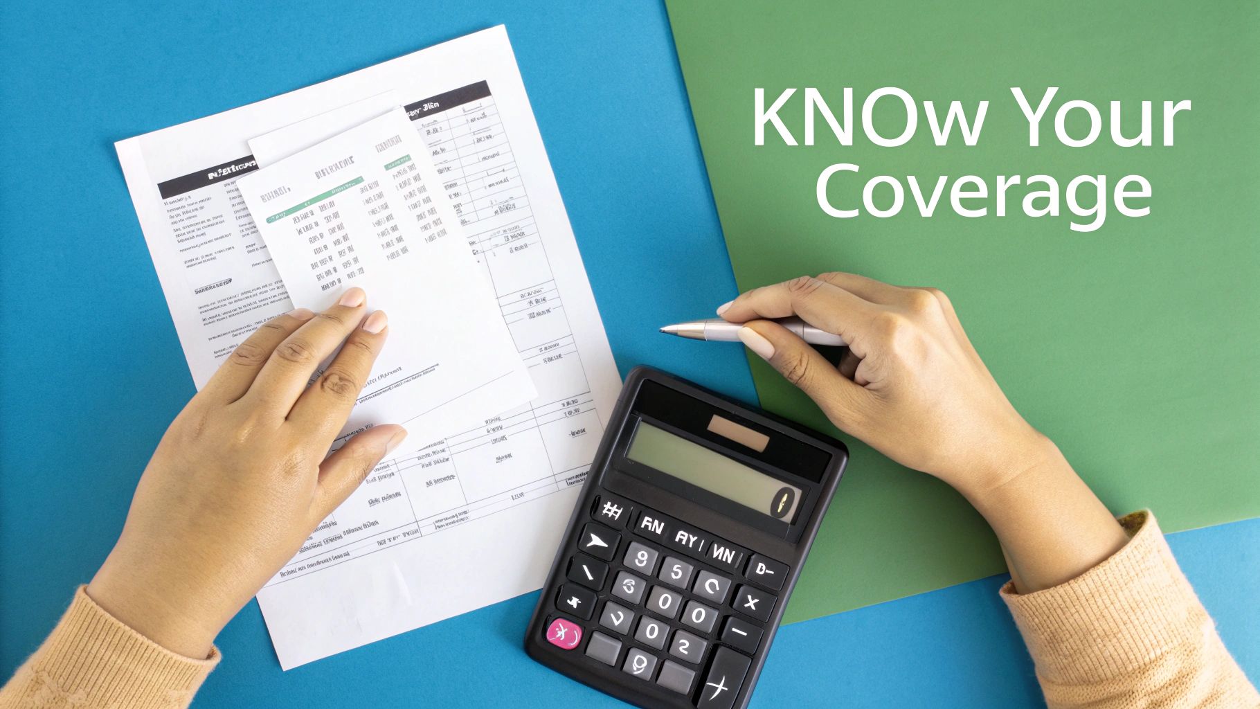 A person reviewing their insurance documents at a desk, looking at a calculator and a laptop.