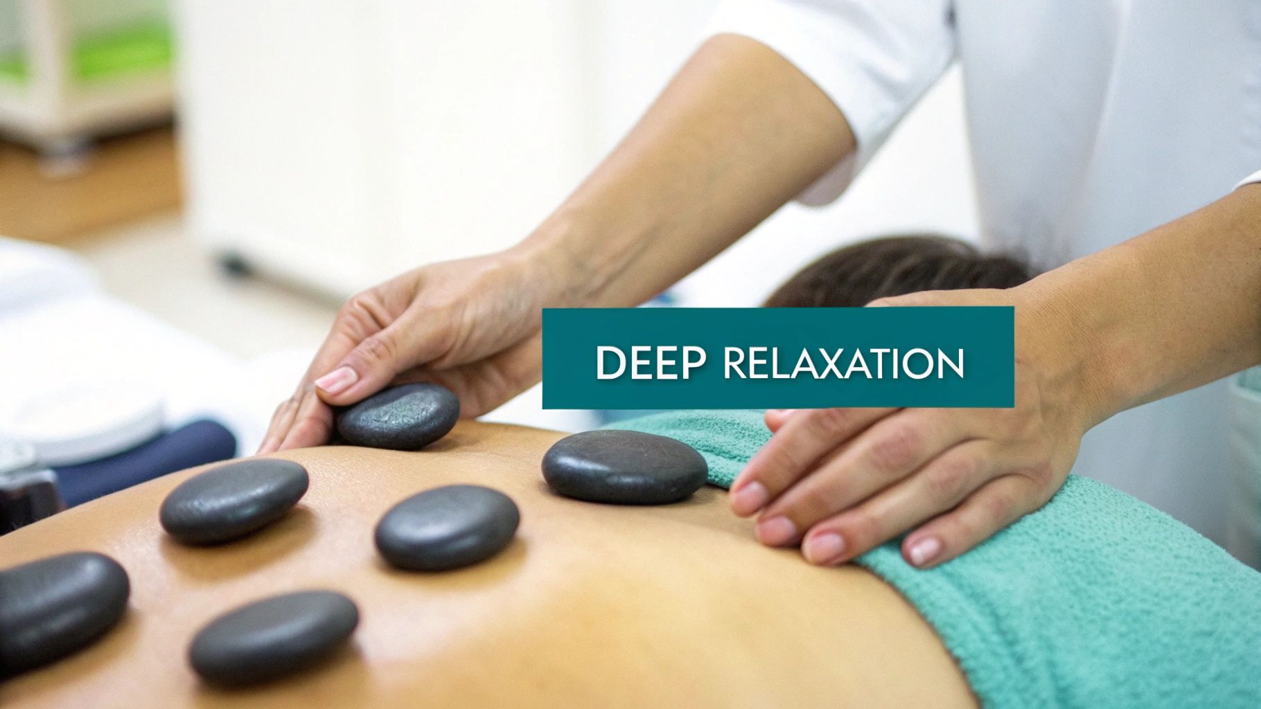 A male massage therapist in a professional polo shirt gently places hot stones on a fully draped client's back in a clean, therapeutic clinic setting.
