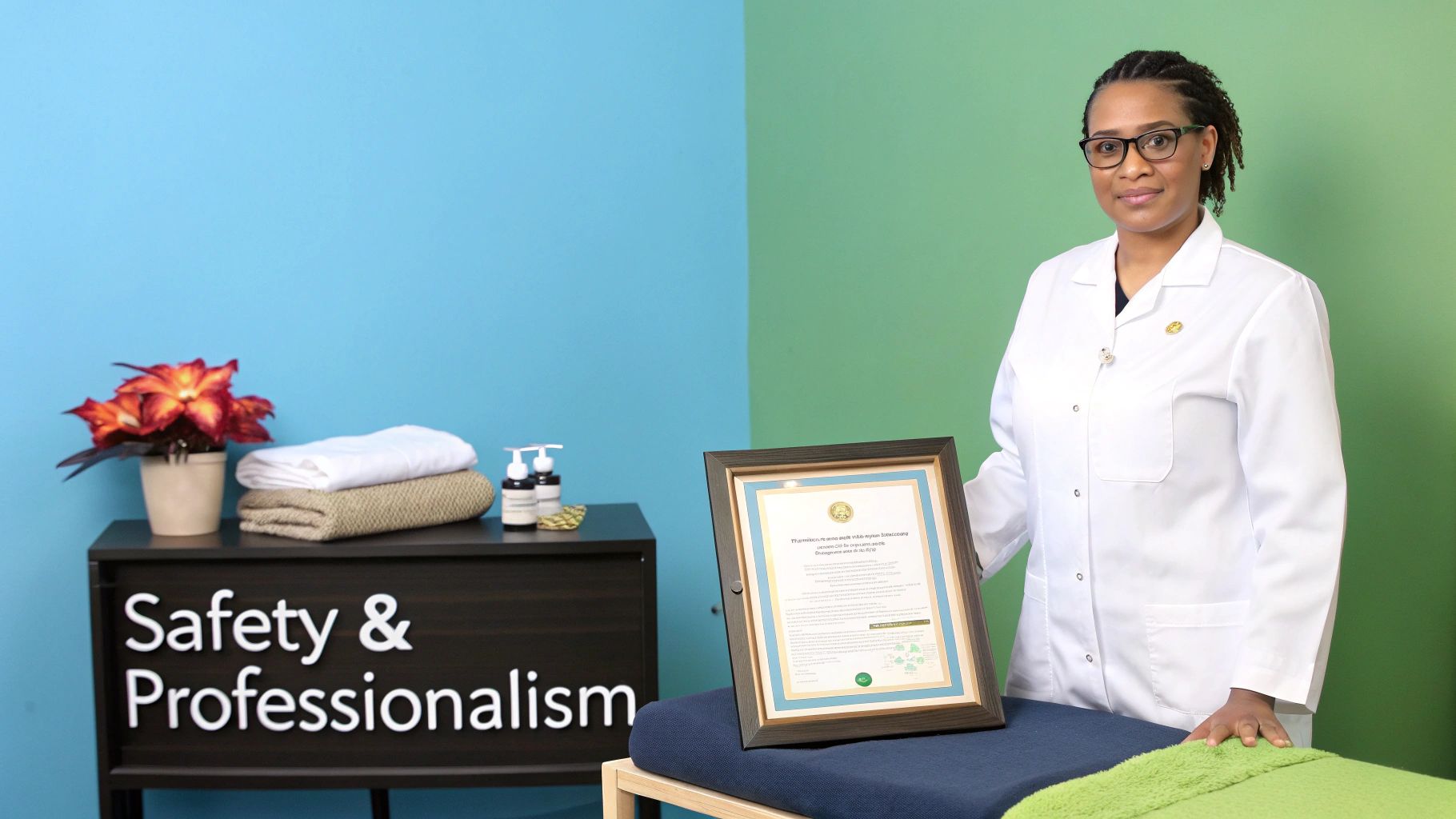 A professional woman in a white coat holds a framed certificate next to a 'Safety &amp; Professionalism' sign.
