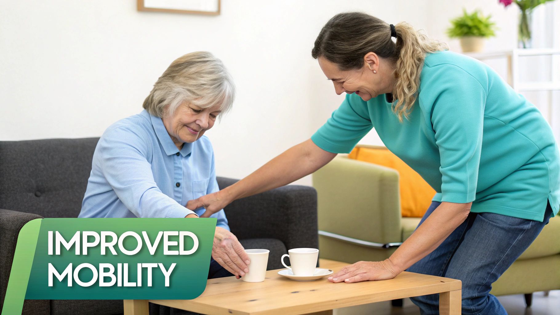 A caregiver assists an elderly woman on a sofa, reaching for a cup, promoting improved mobility.