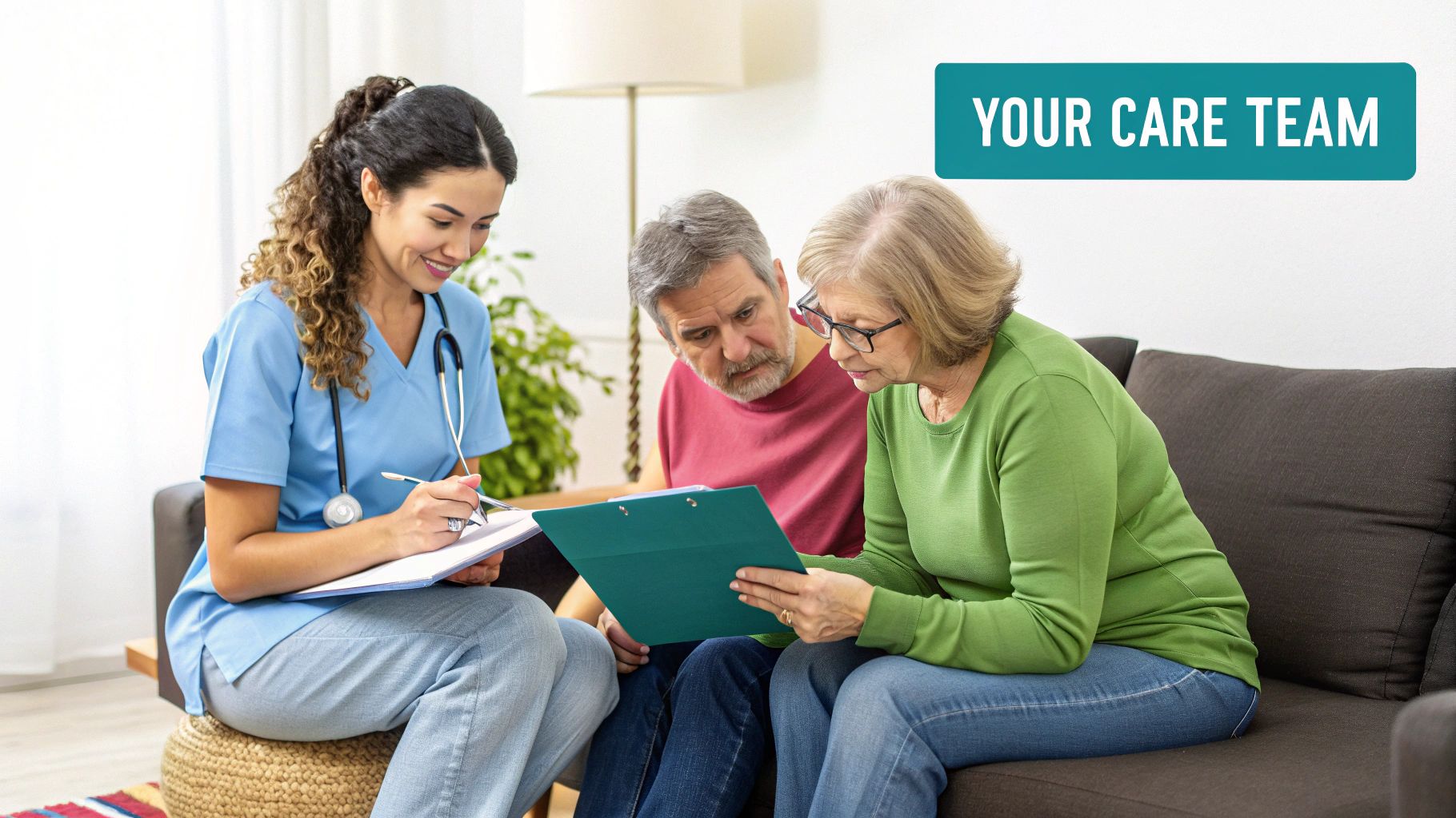 A female nurse helps an elderly couple at home, reviewing medical documents.