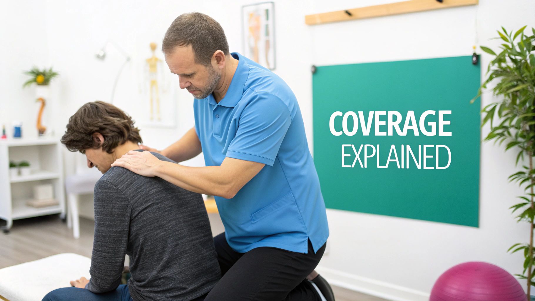 A male therapist treats a patient&#39;s neck and shoulders in a clinic, with a &#39;Coverage Explained&#39; sign.