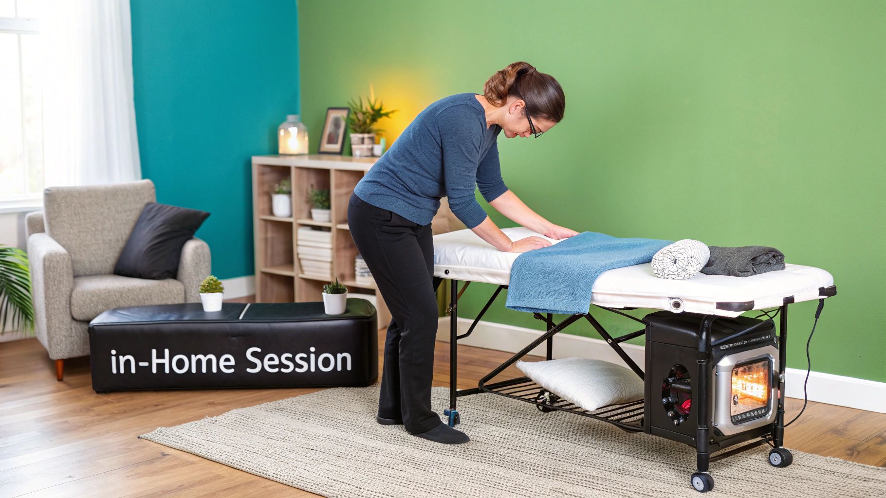 A woman arranges a massage table with a hot stone warmer for an in-home therapy session.