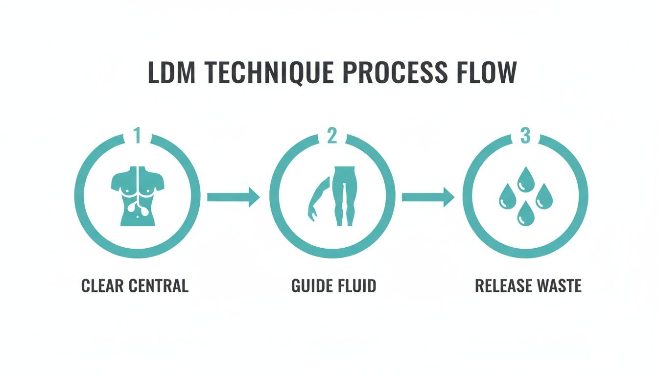 A flowchart illustrating the LDM technique process, showing steps to clear central, guide fluid, and release waste.