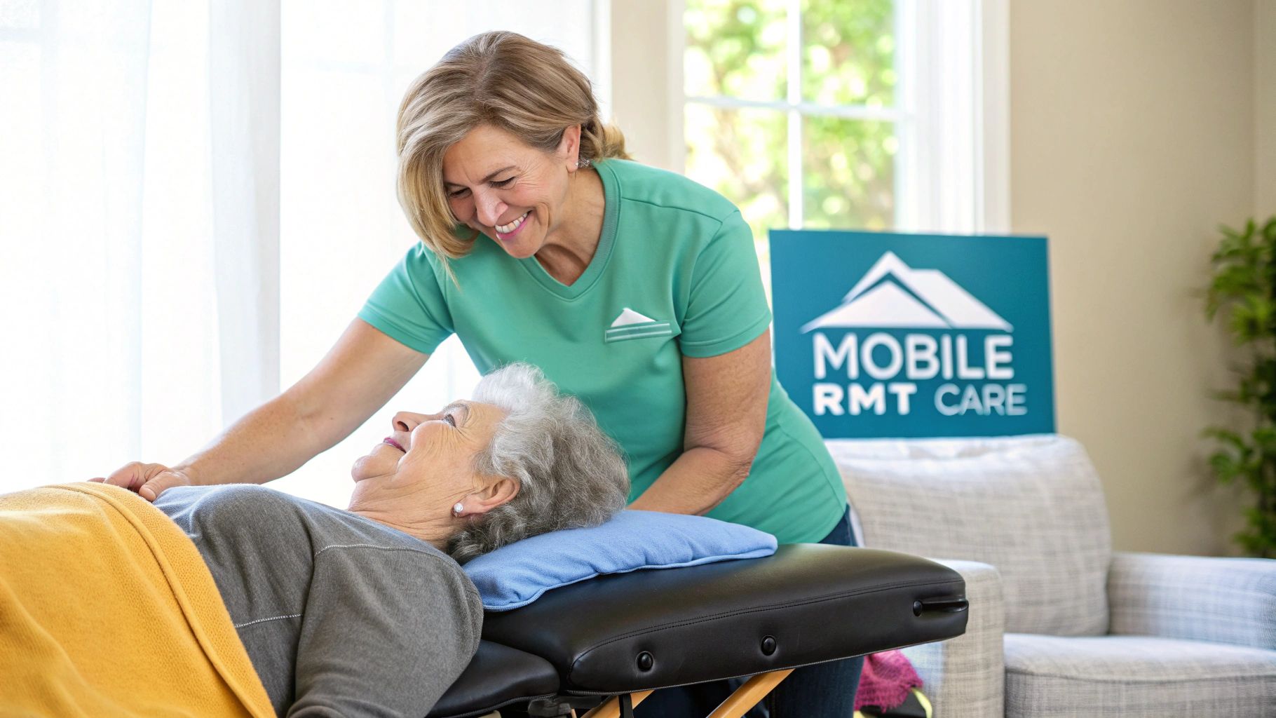 A smiling mobile registered massage therapist provides care to an older woman on a table.