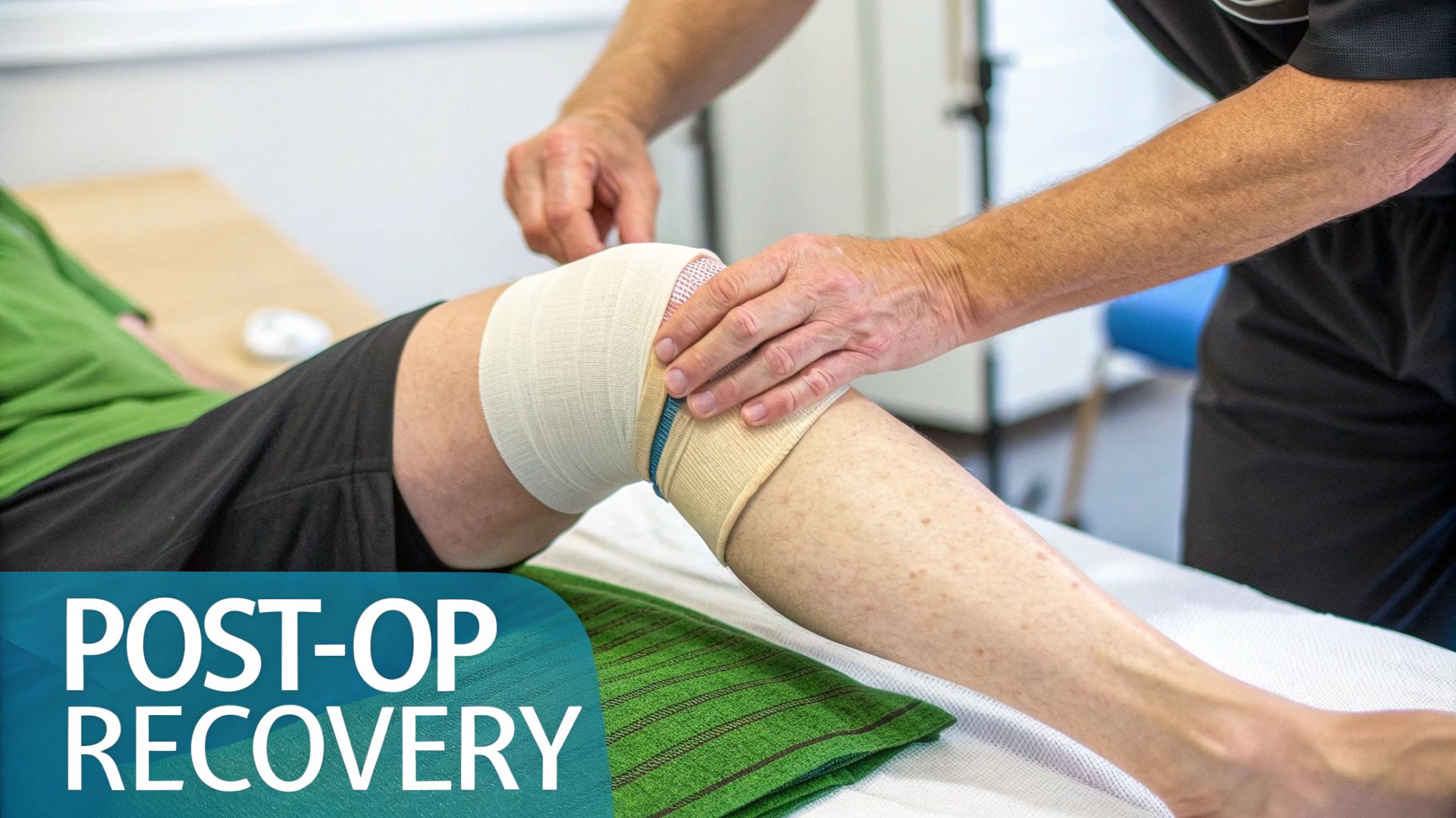 Therapist's hands carefully adjust a knee bandage on a patient during post-operative recovery.