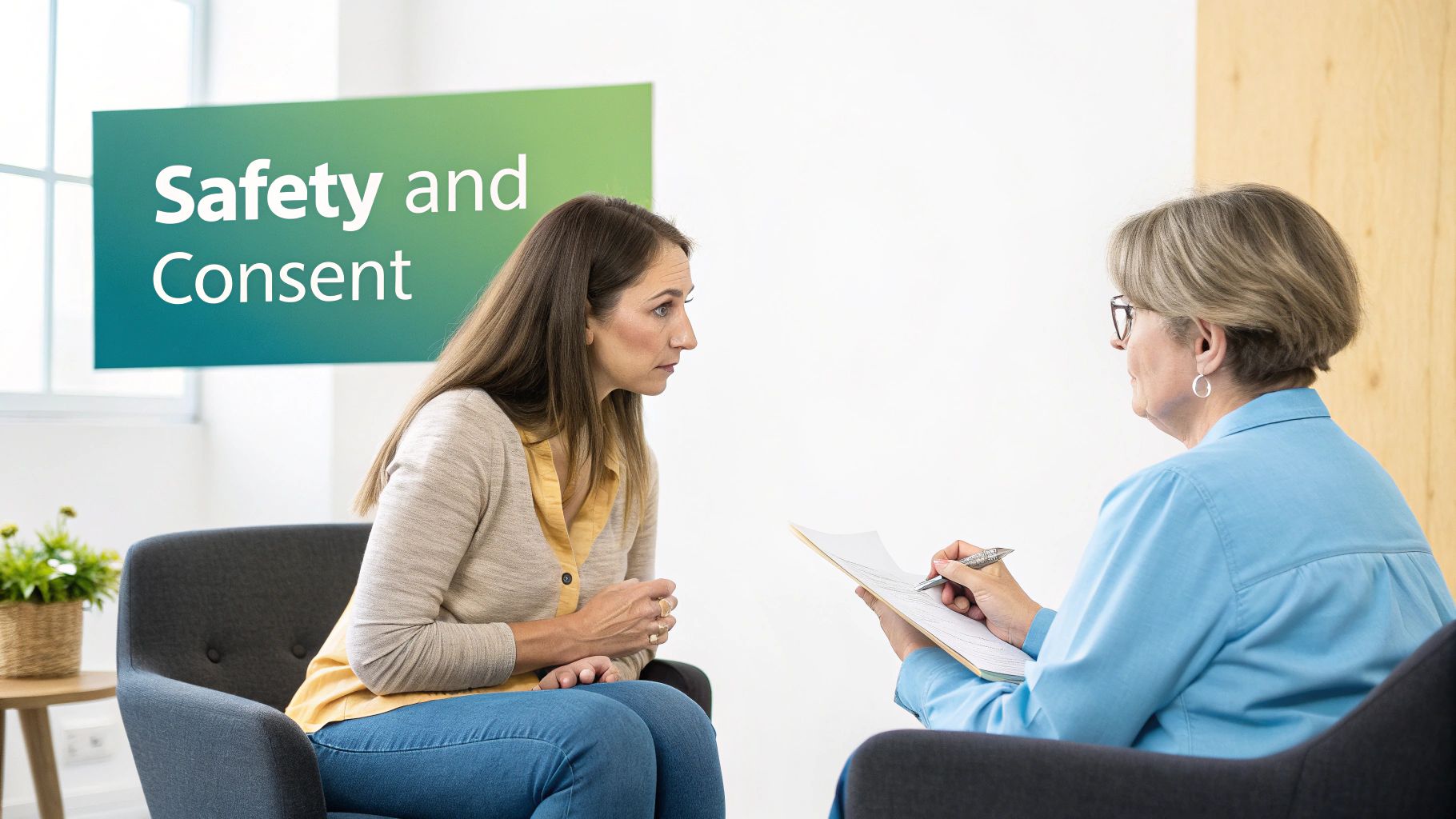 Healthcare professional discussing safety and consent with patient during pelvic floor therapy consultation session