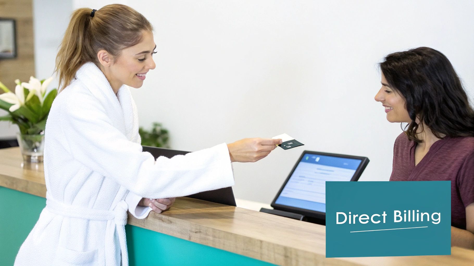Smiling woman in a white bathrobe hands a card to a receptionist at a modern check-in counter, illustrating direct billing.