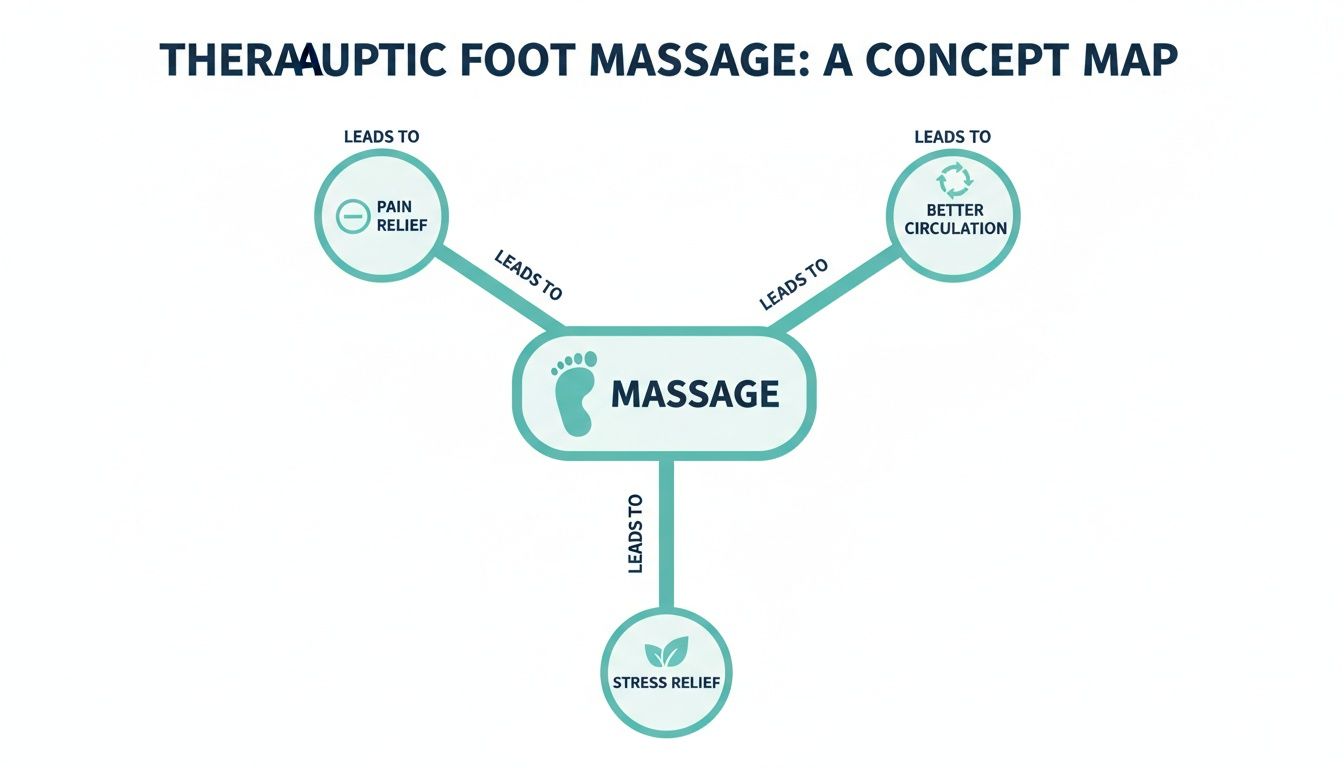 A concept map illustrating the benefits of therapeutic foot massage: pain relief, better circulation, and stress relief.