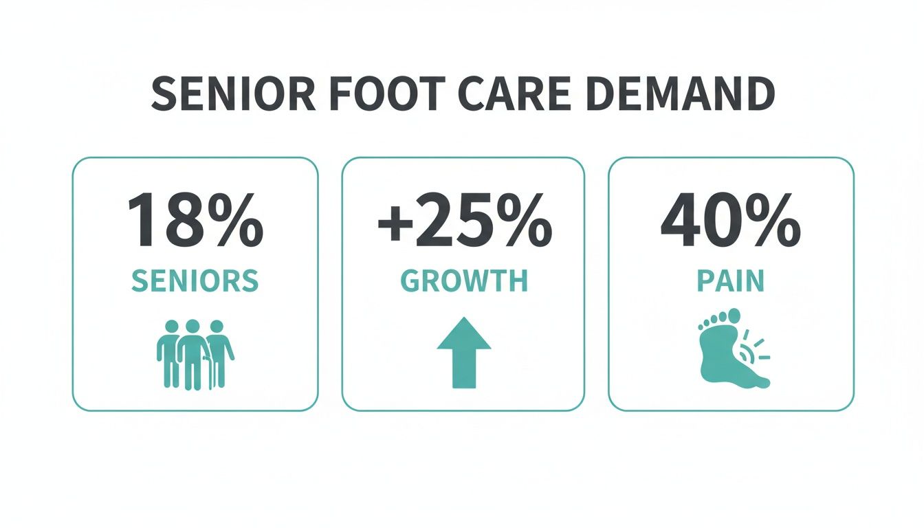 Infographic displaying senior foot care demand: 18% seniors, +25% growth, and 40% experience pain.