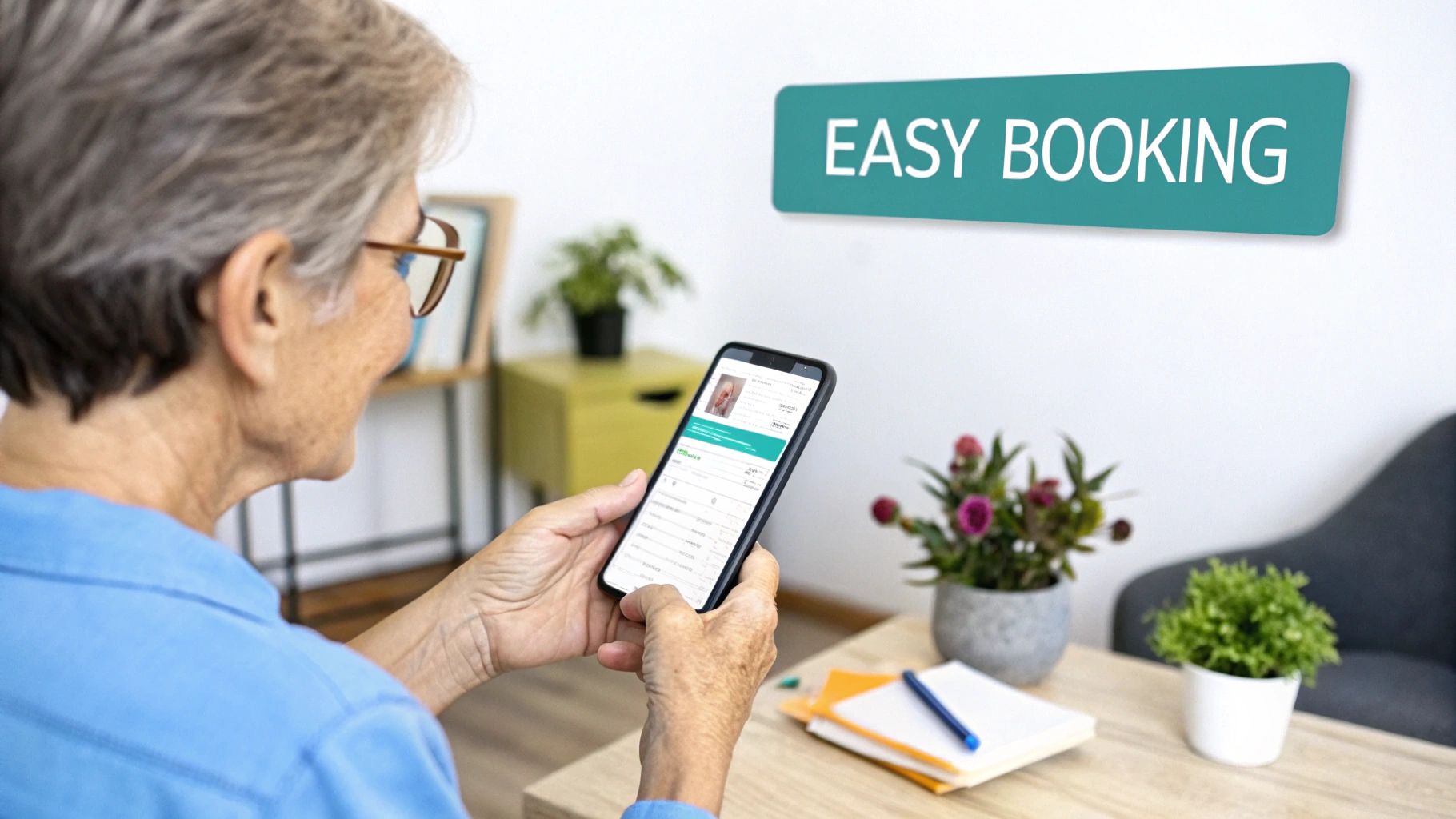 A senior person using a smartphone to book services online, with an 'EASY BOOKING' sign.