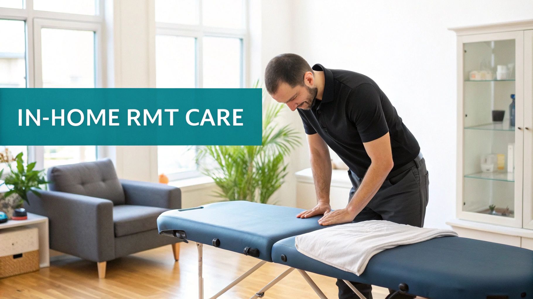 A male registered massage therapist sets up a portable massage table in a bright, modern home.