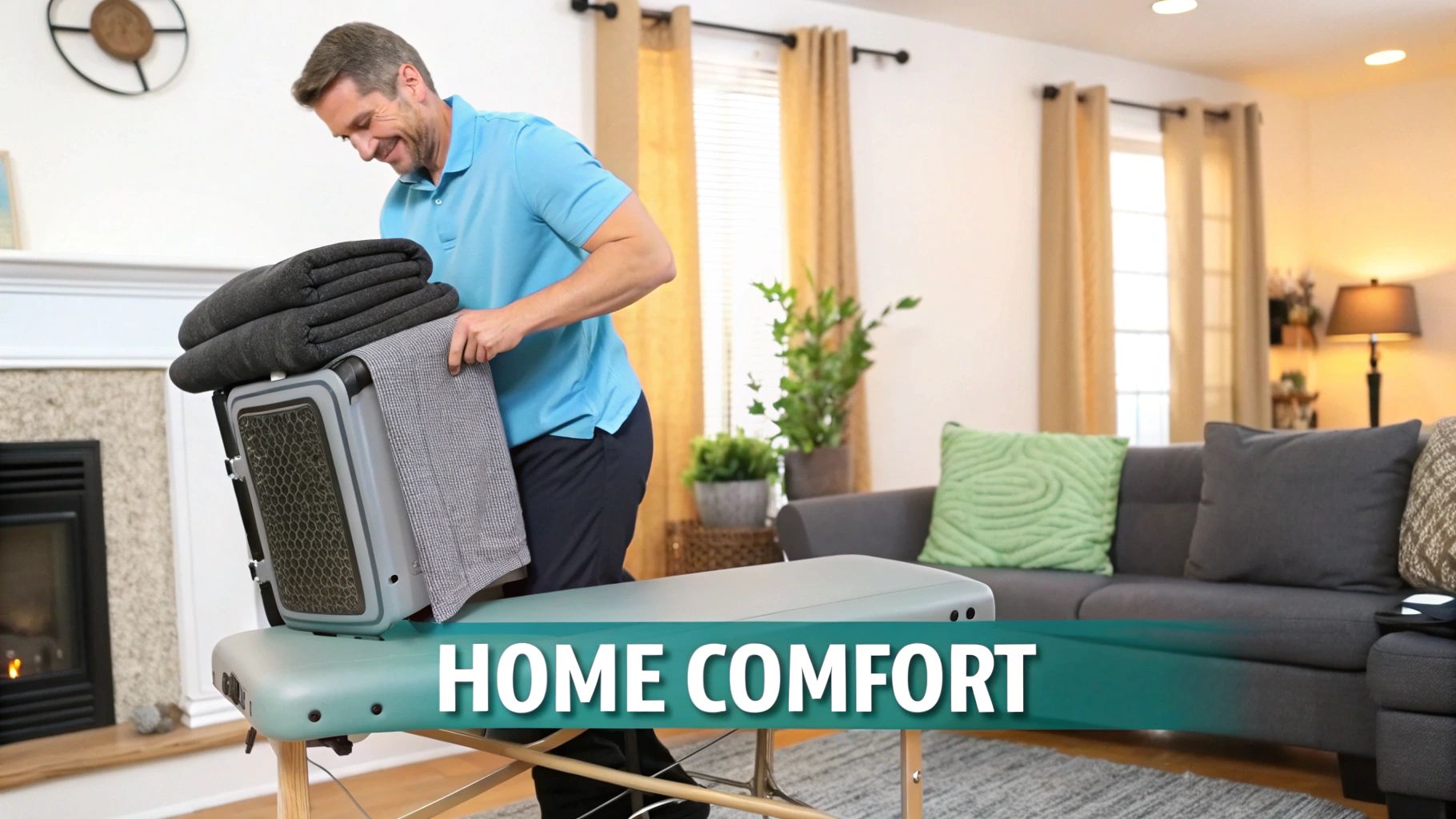 A smiling man places a hot stone heater with blankets onto a massage table in a home living room.
