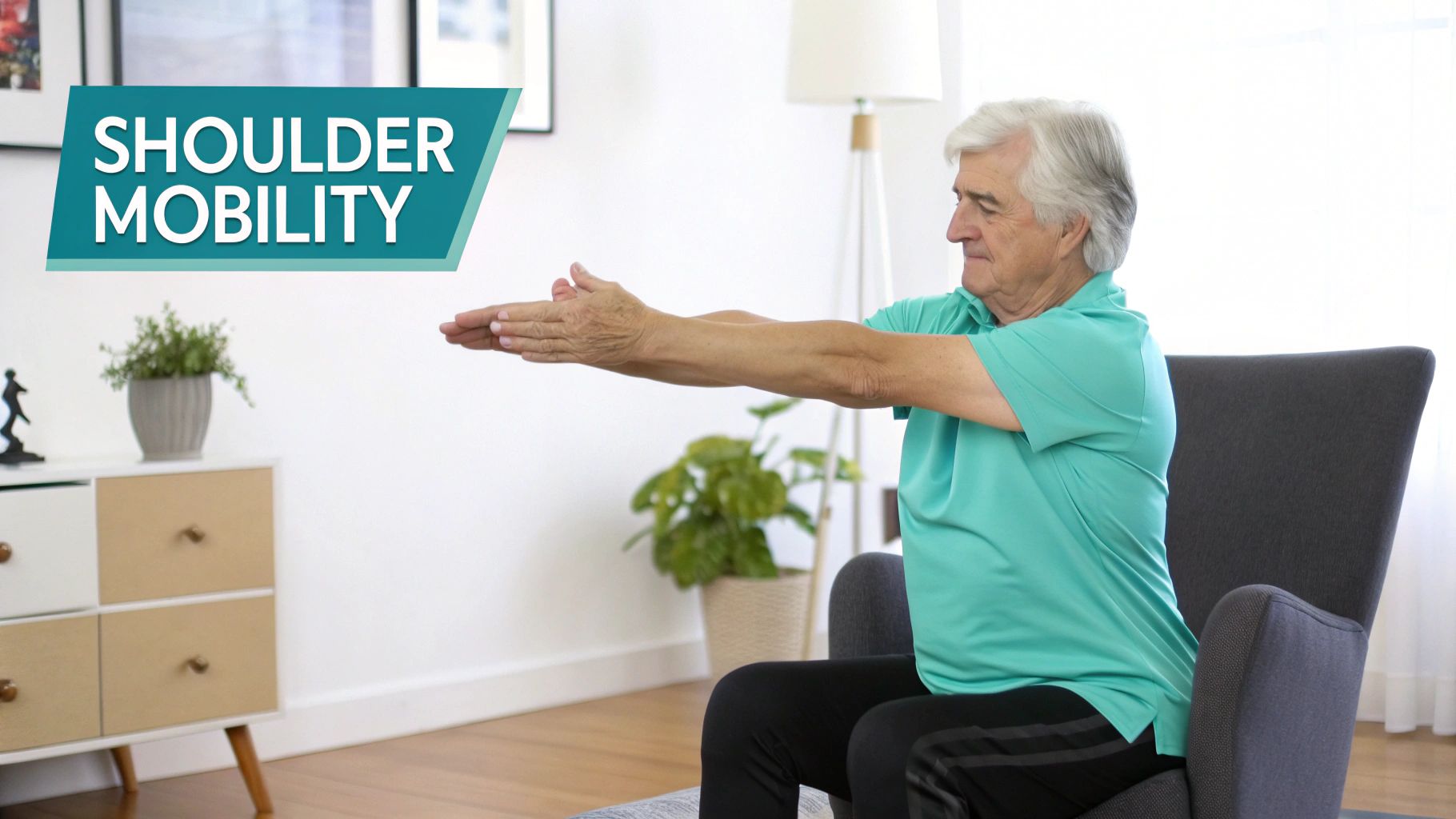 An elderly man in a green shirt sits, performing shoulder mobility exercises by extending his arms forward.
