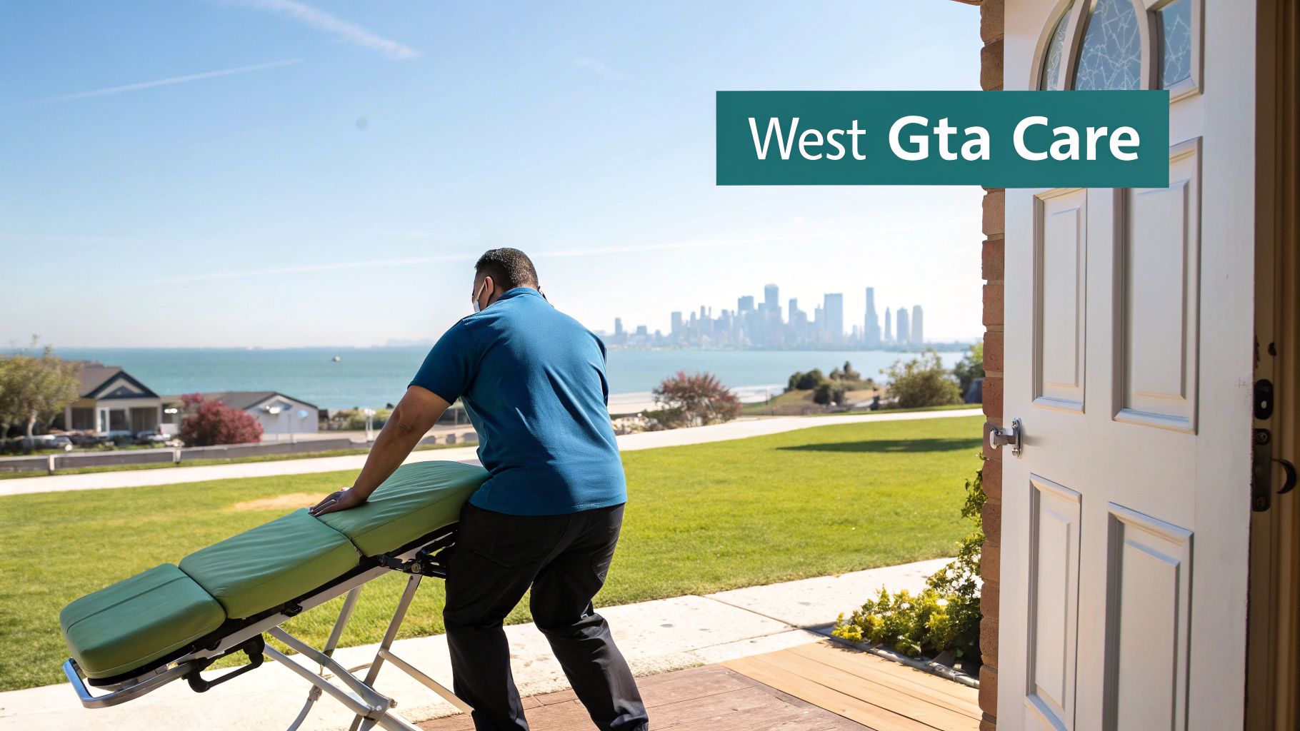 Mobile registered massage therapist preparing a green table outdoors with a beautiful waterfront city view.