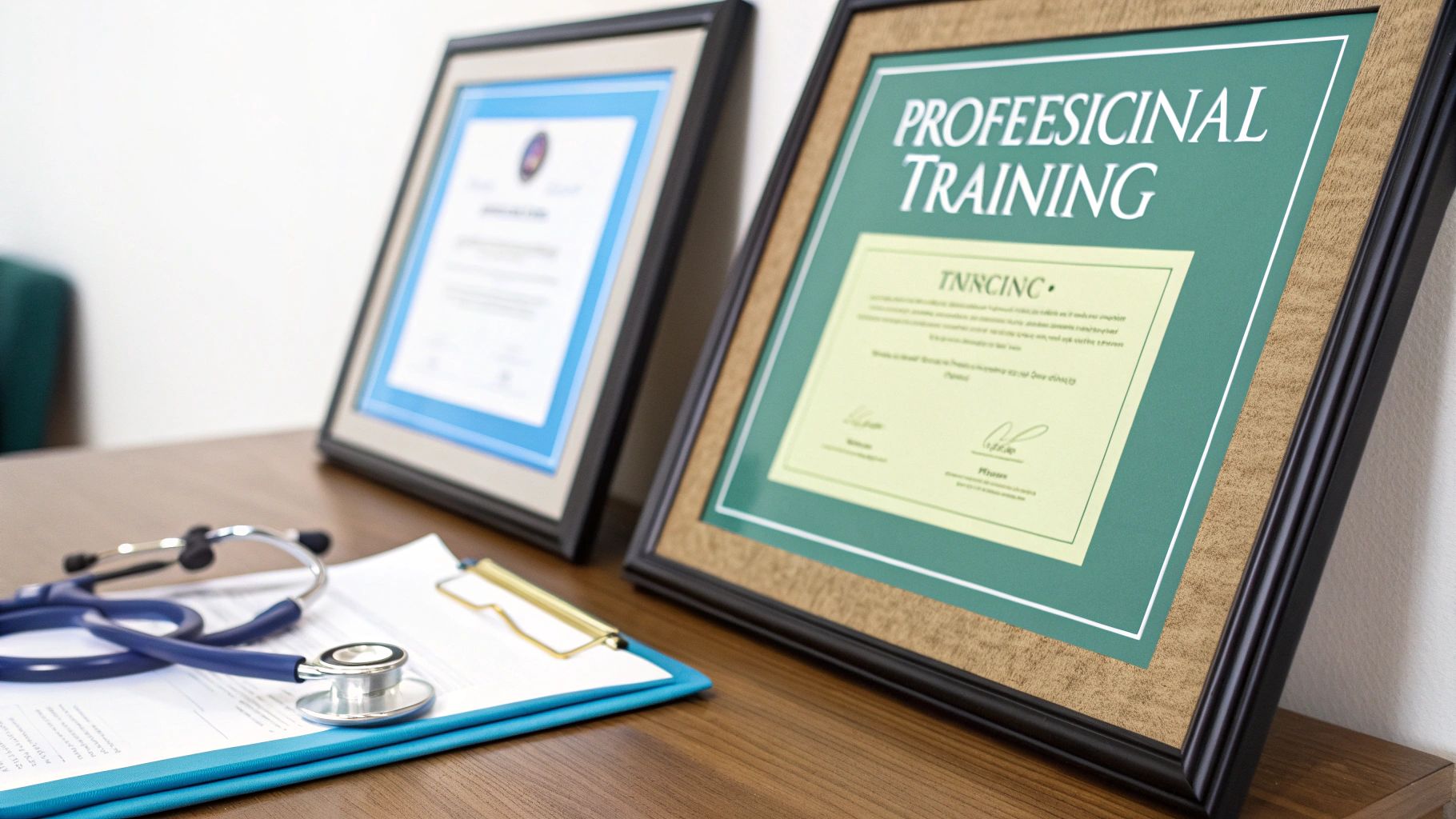 A medical desk with a stethoscope, clipboard, and framed professional training certificates.