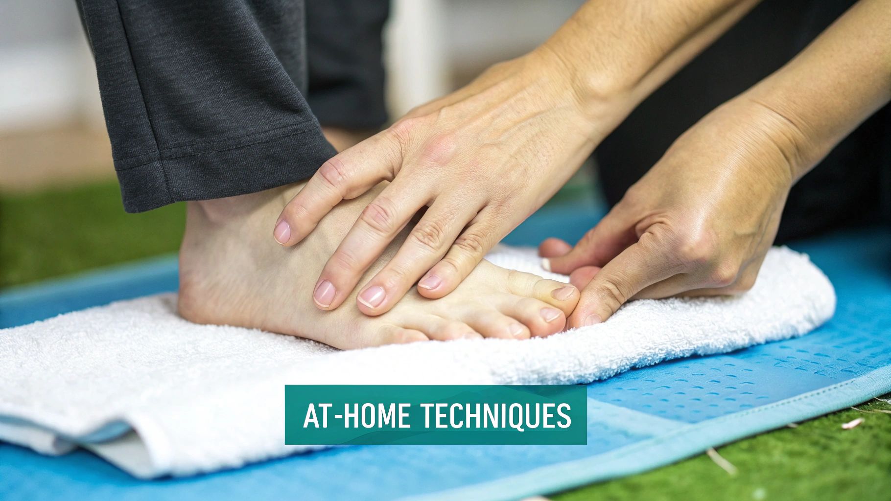 Hands gently applying an at-home technique to a bare foot resting on a white towel and blue mat.