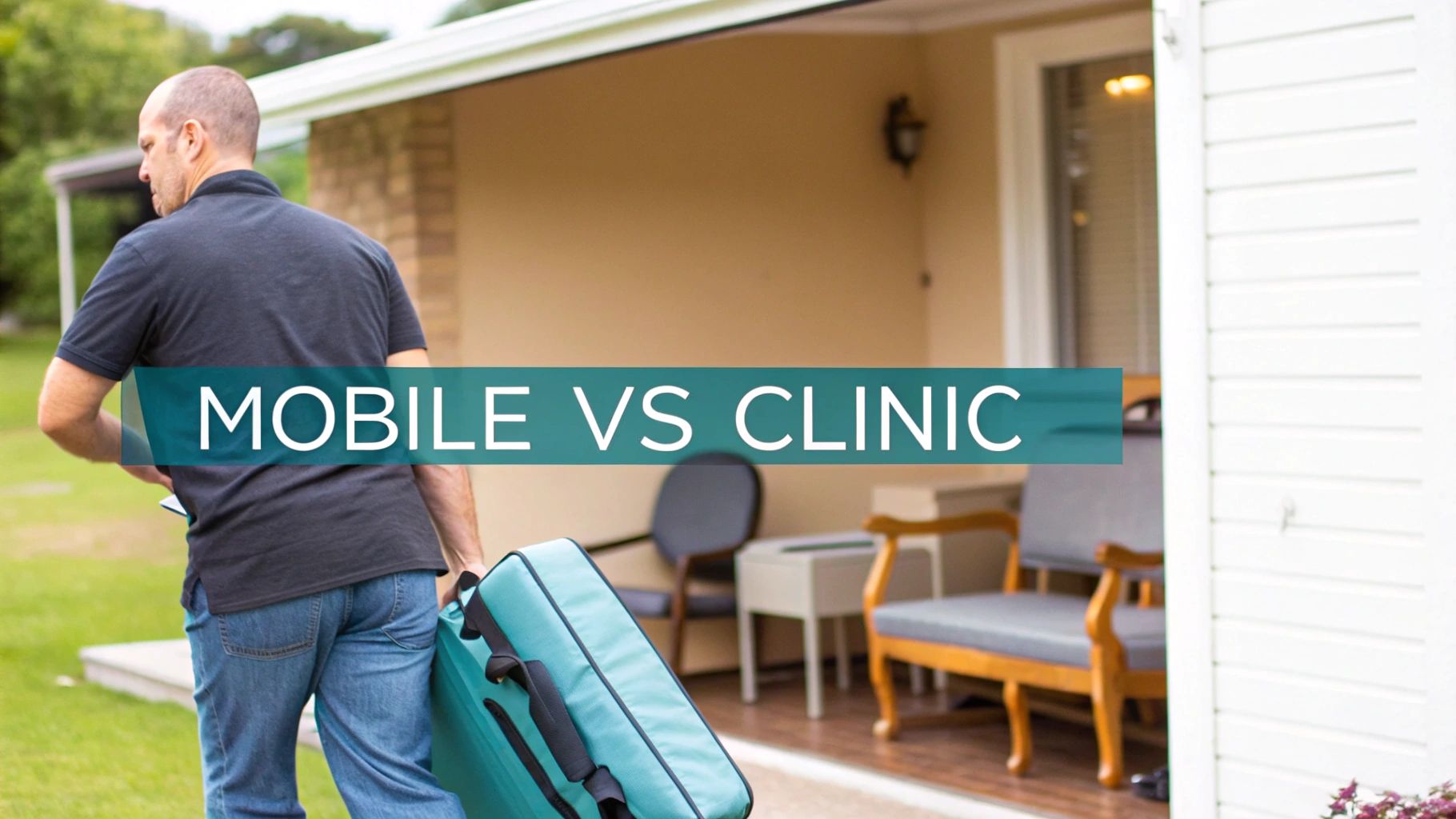 A man carries a portable massage table towards a house, illustrating mobile vs clinic services.