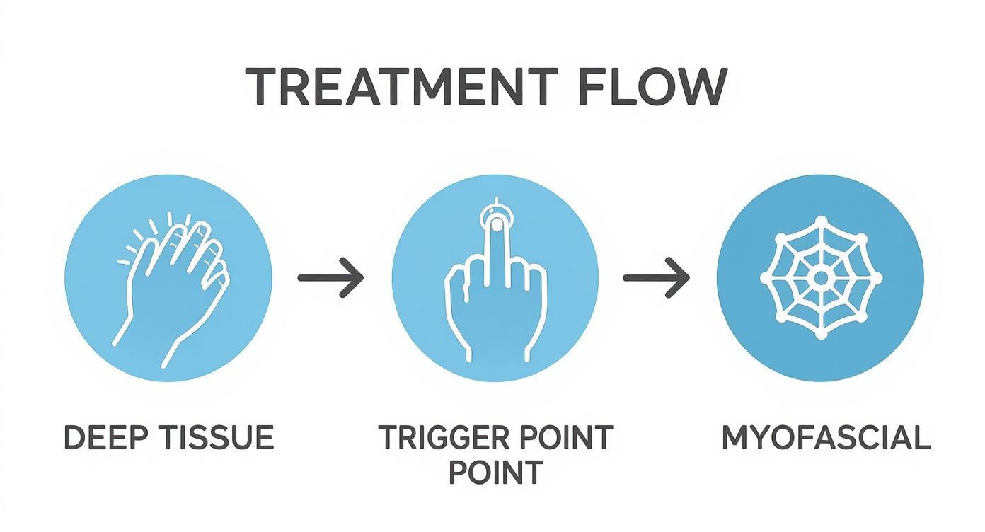 A diagram illustrating a massage treatment flow: Deep Tissue, Trigger Point, and Myofascial techniques.