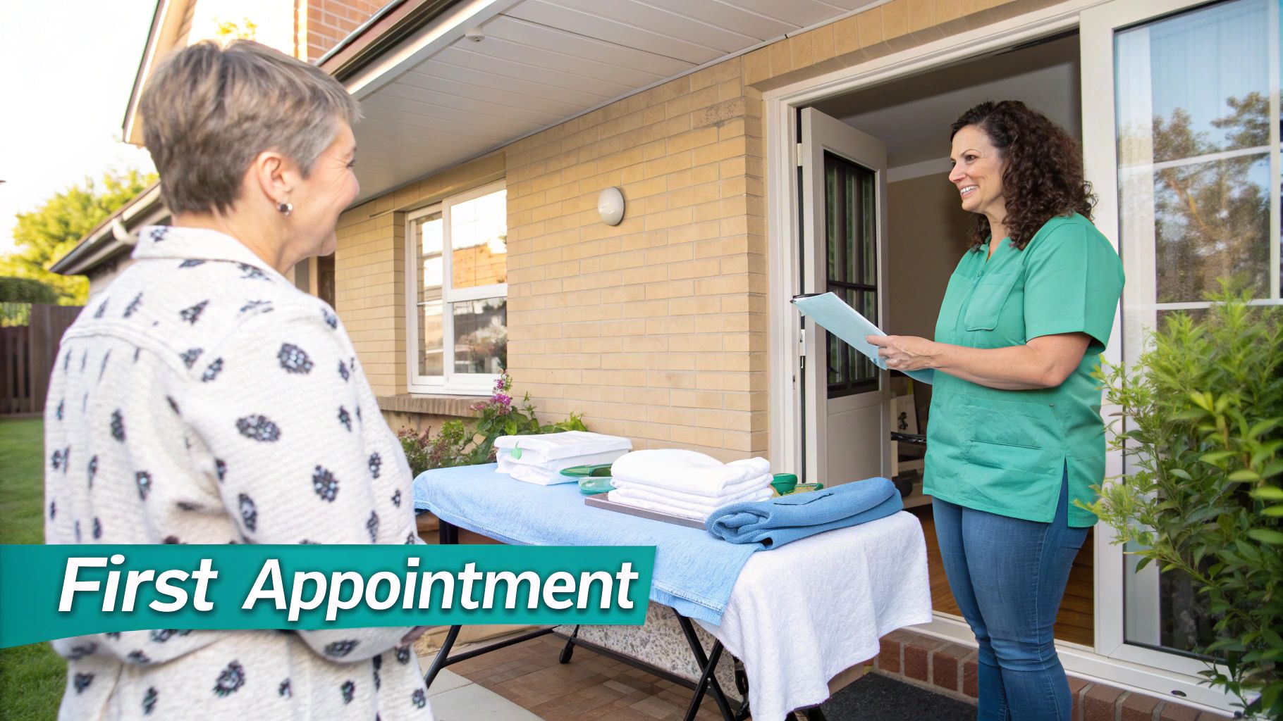 A smiling male mobile massage therapist in professional attire greets a client at her home for a first appointment with a portable table.