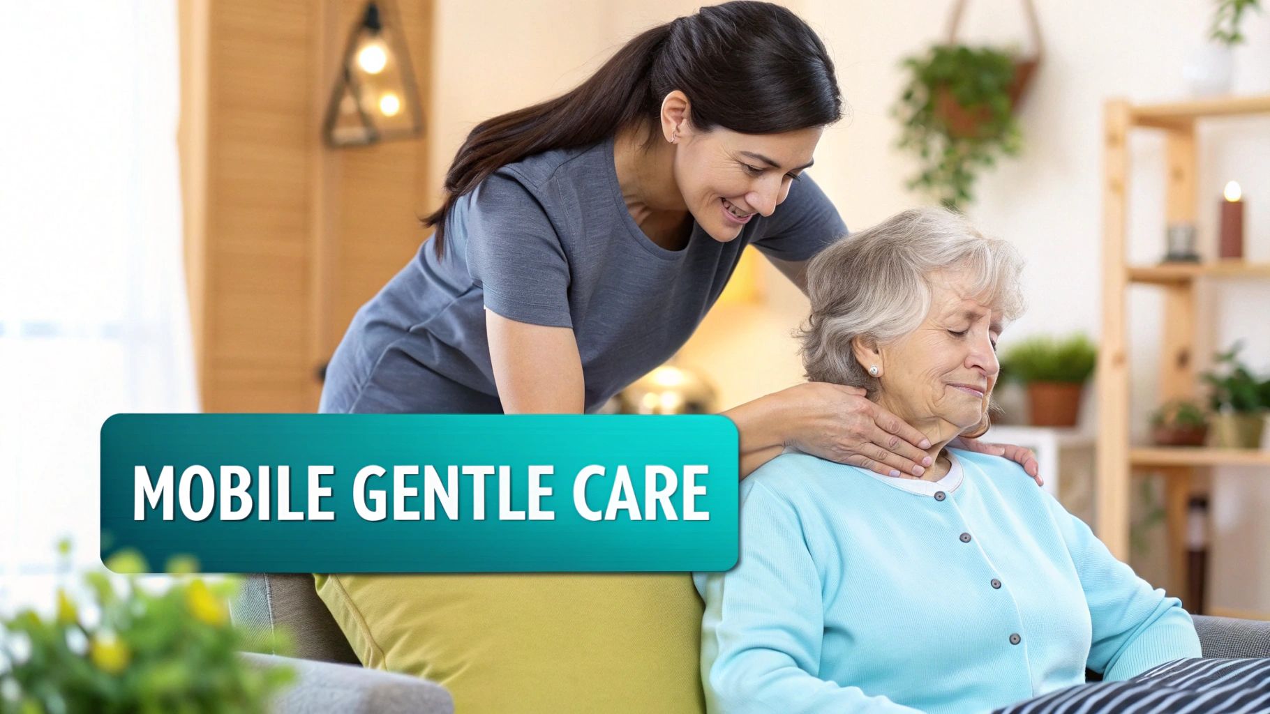 A smiling caregiver gently massages the neck of an elderly woman, providing mobile gentle care at home.