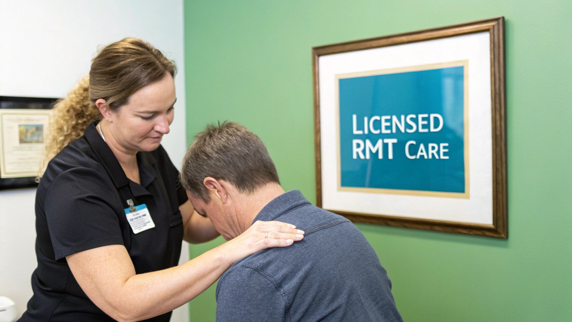 A professional male massage therapist in a polo shirt performs a therapeutic massage on a fully draped client's shoulder in a clean, professional setting.