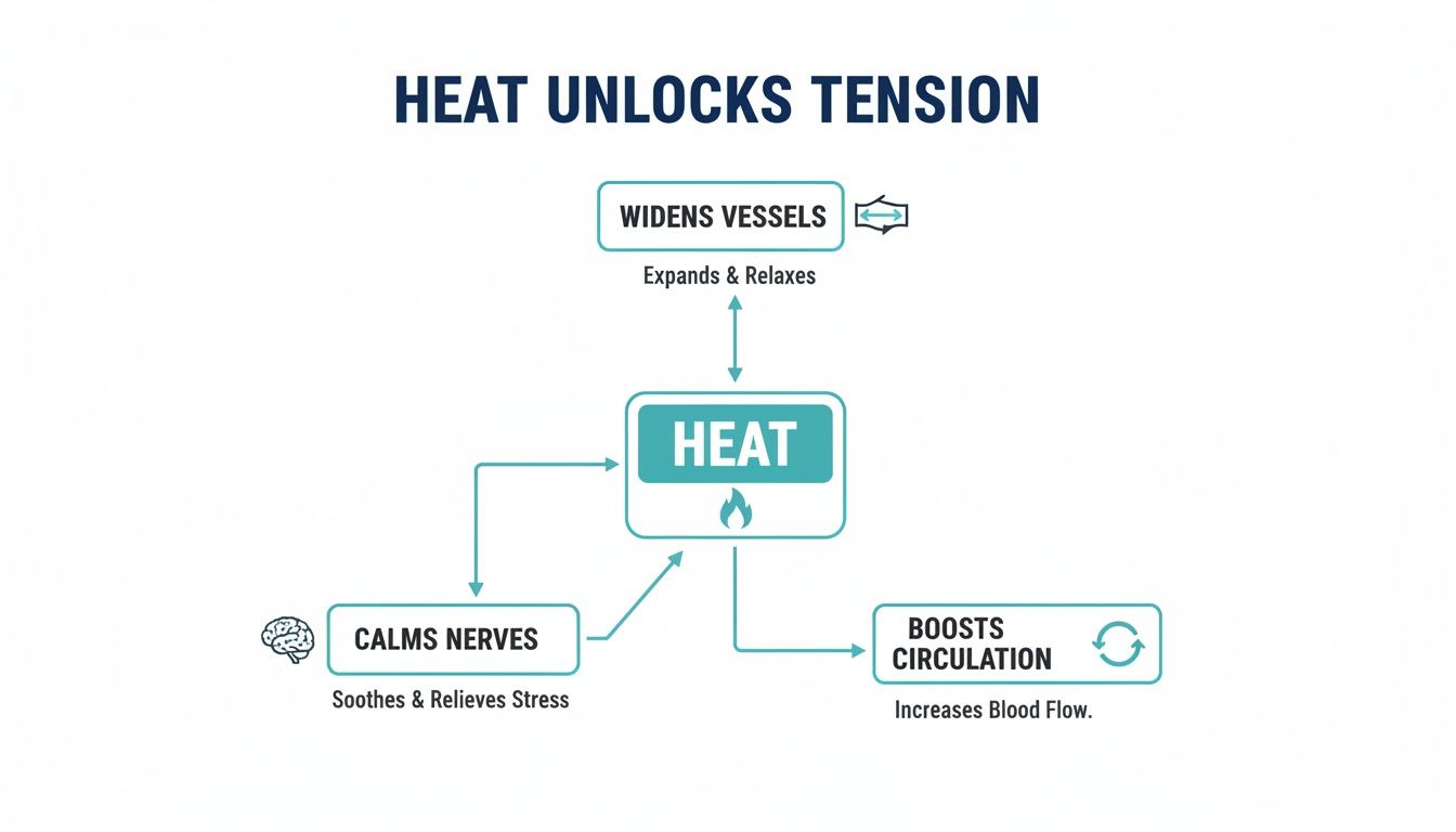 Flowchart explaining how heat unlocks tension by widening vessels, calming nerves, and boosting circulation.